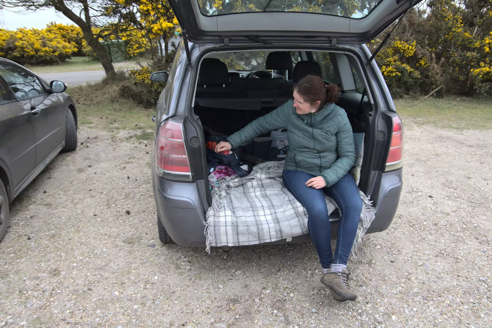 Isobel in the boot of the car, from A Trip to Dunwich Beach, Dunwich, Suffolk - 2nd April 2021