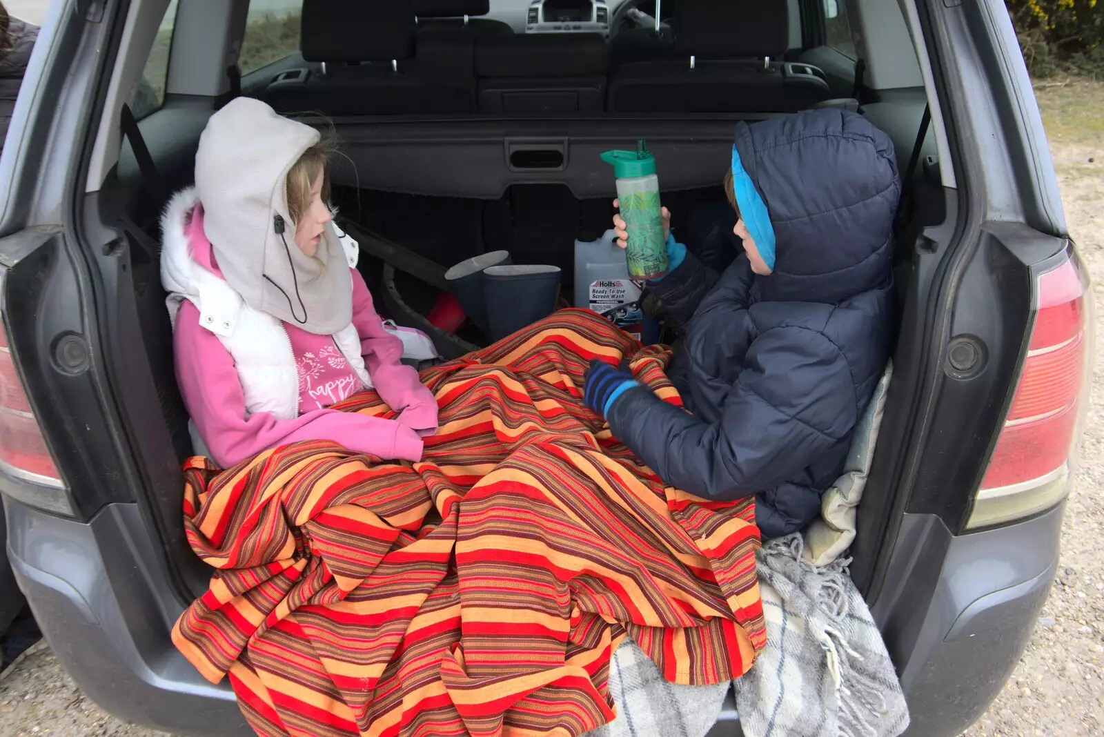 Megan and Harry in the boot of the car, from A Trip to Dunwich Beach, Dunwich, Suffolk - 2nd April 2021