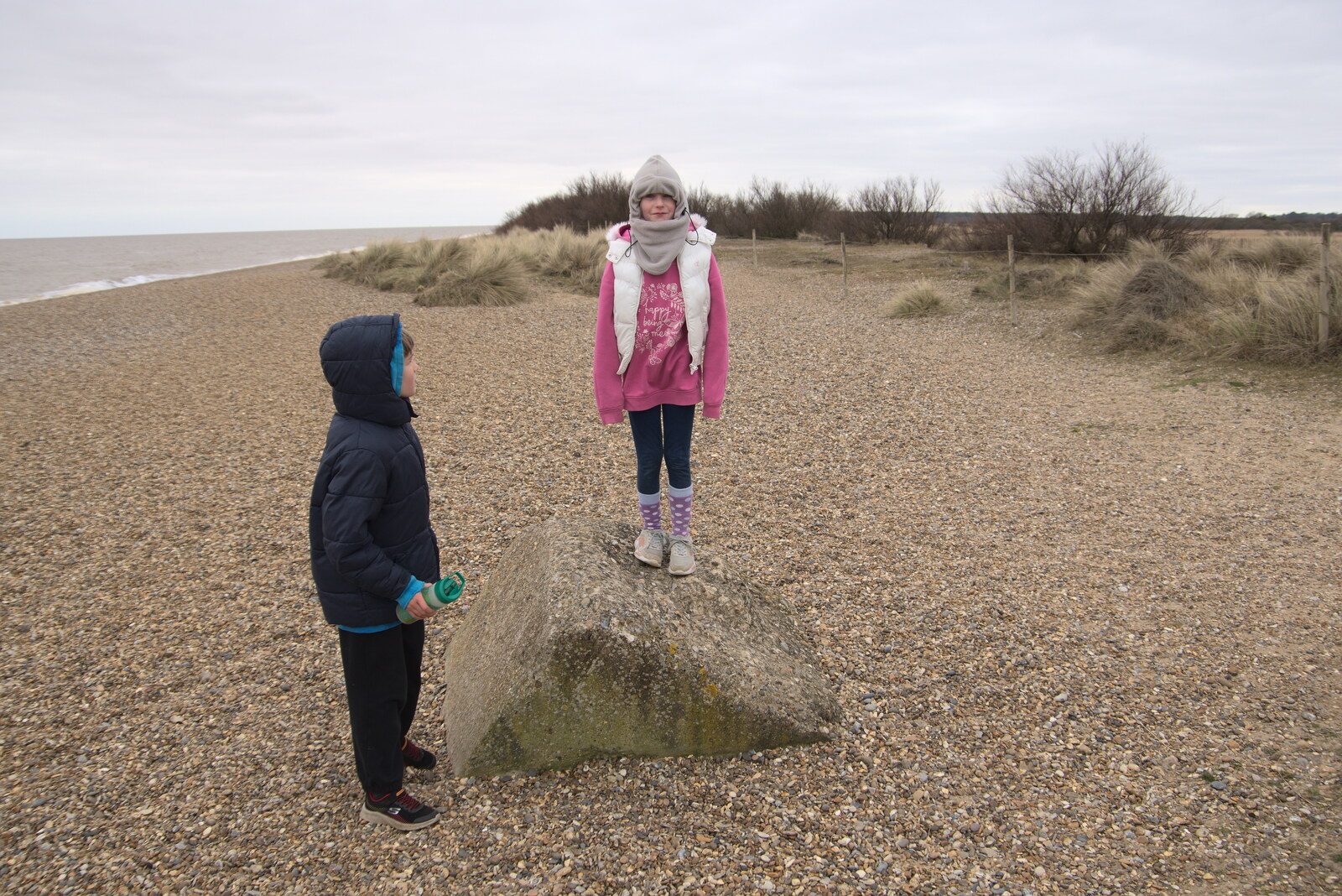 Megan stands on a concrete block from A Trip to Dunwich Beach, Dunwich, Suffolk - 2nd April 2021