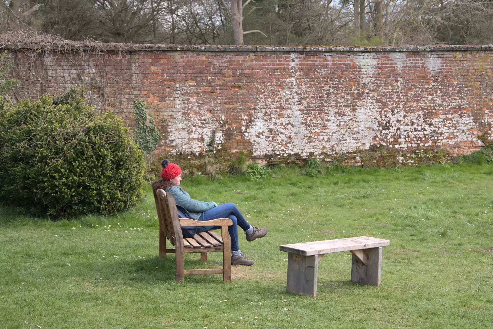 Isobel sits on a bench, from A Return to Ickworth House, Horringer, Suffolk - 11th April 2021