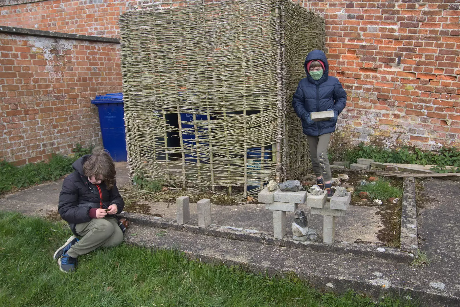 Harry builds a new brick construction, from A Return to Ickworth House, Horringer, Suffolk - 11th April 2021