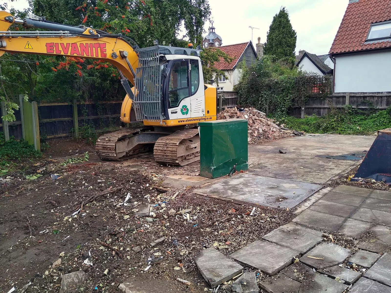 A digger is parked in the remains of the library, from A Cameraphone Roundup, Brome and Eye, Suffolk - 12th April 2021