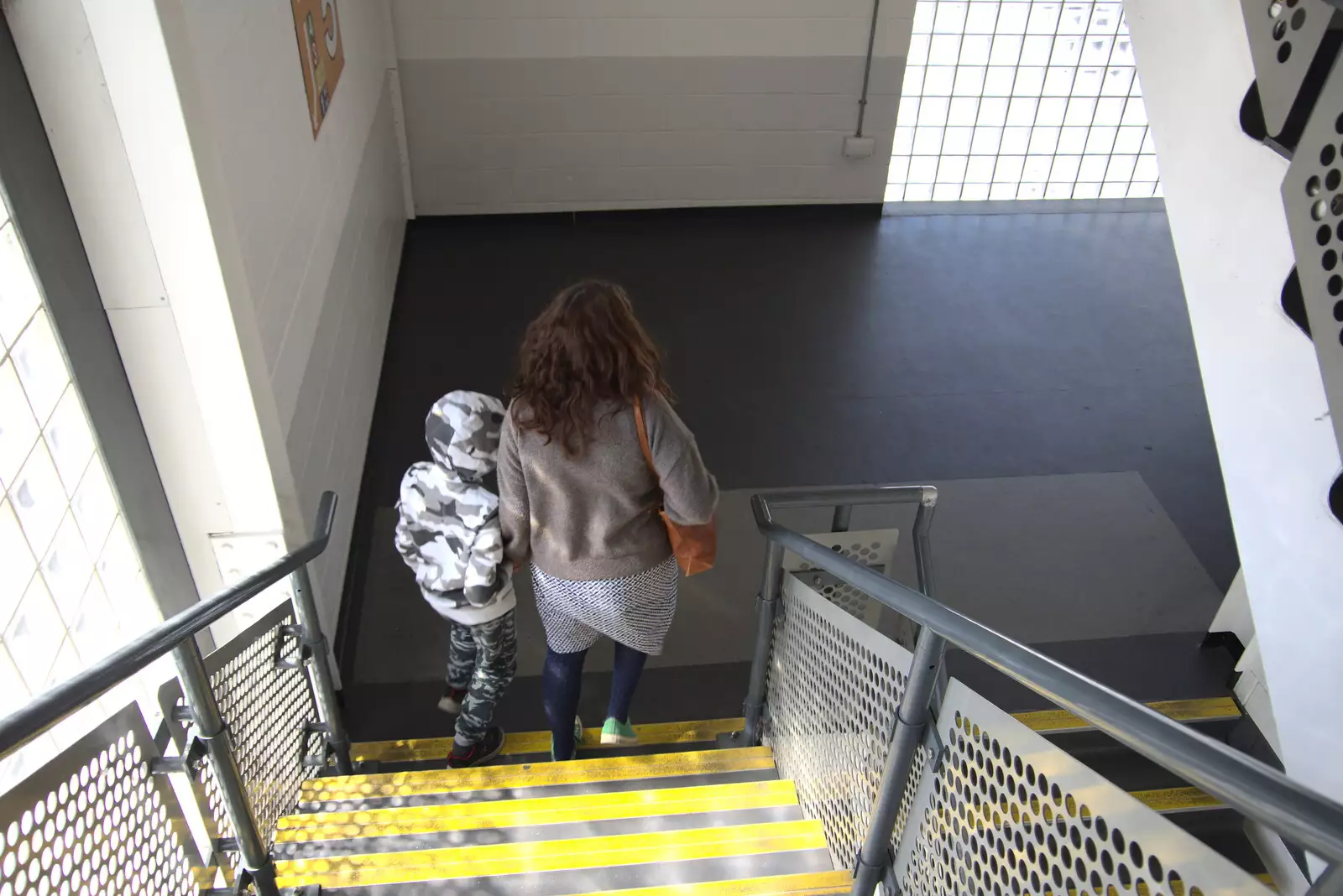 Harry and Isobel in a St. Andrew's stair well, from The Death of Debenhams, Rampant Horse Street, Norwich, Norfolk - 17th April 2021