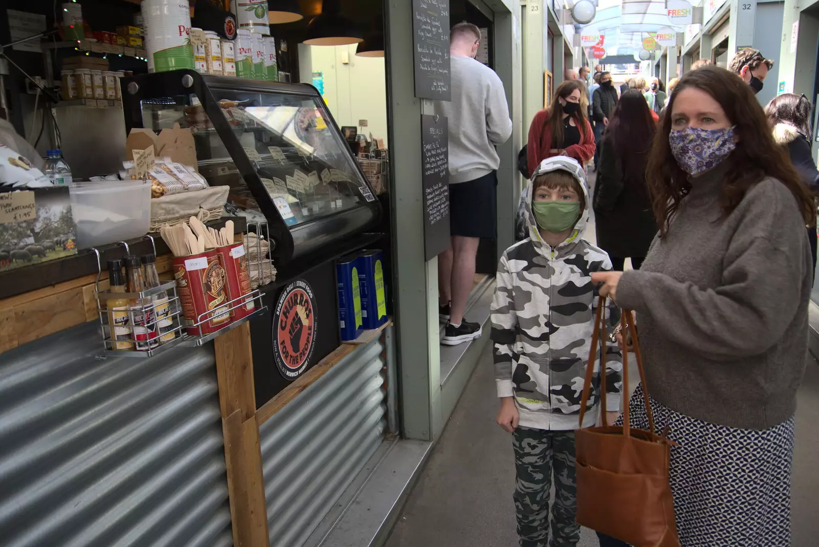 Harry and Isobel lurk by the churros stall, from The Death of Debenhams, Rampant Horse Street, Norwich, Norfolk - 17th April 2021