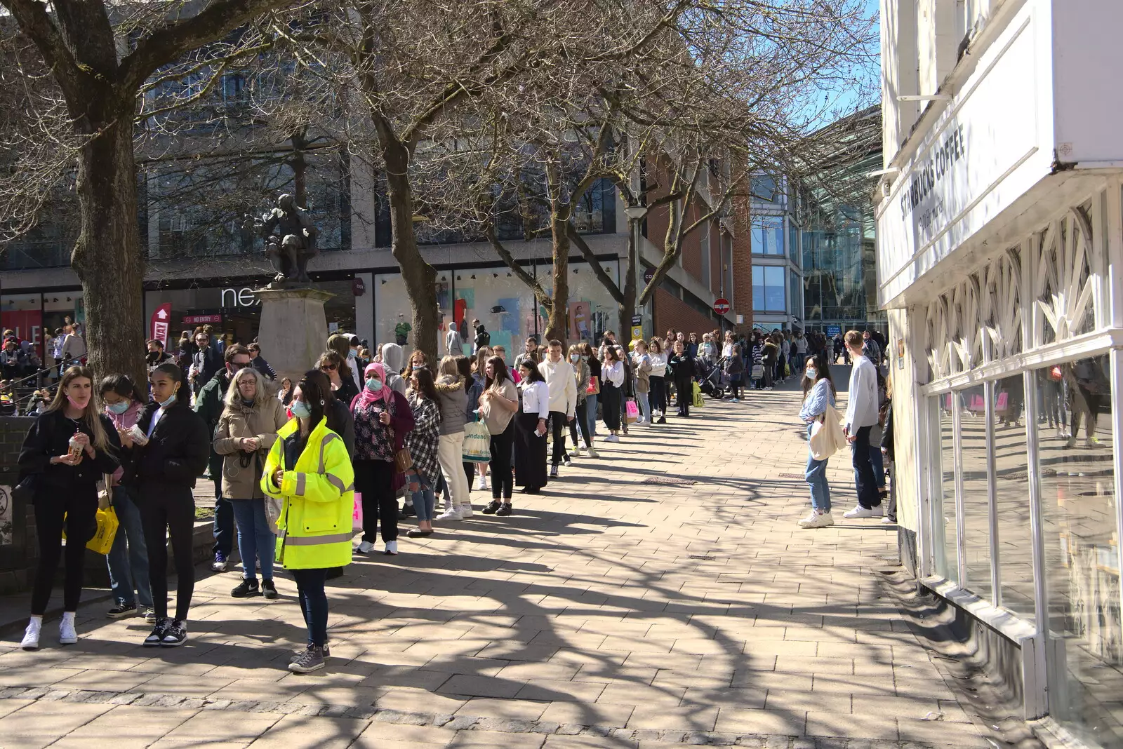 The queue for Primark stretches to the Forum, from The Death of Debenhams, Rampant Horse Street, Norwich, Norfolk - 17th April 2021