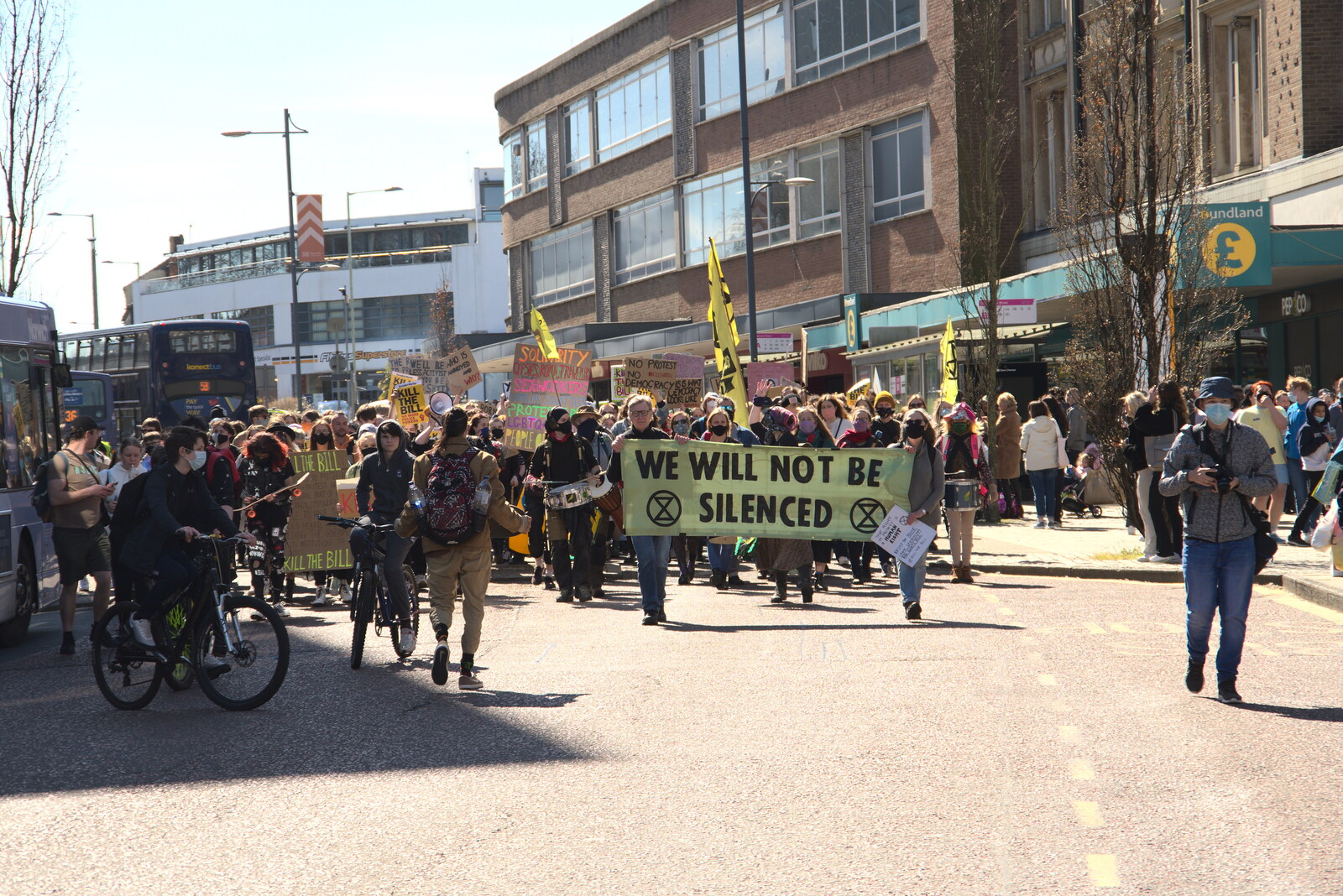 The demo moves down from the roundabout from The Death of Debenhams, Rampant Horse Street, Norwich, Norfolk - 17th April 2021