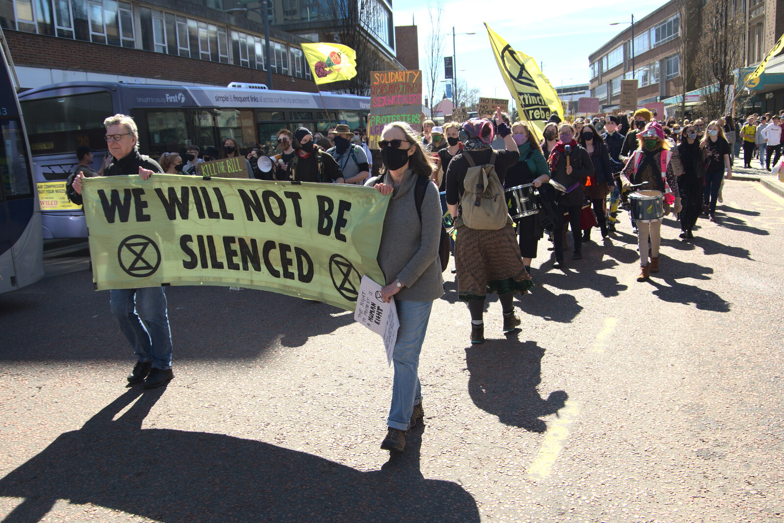 Extinction Rebellion leads the way from The Death of Debenhams, Rampant Horse Street, Norwich, Norfolk - 17th April 2021