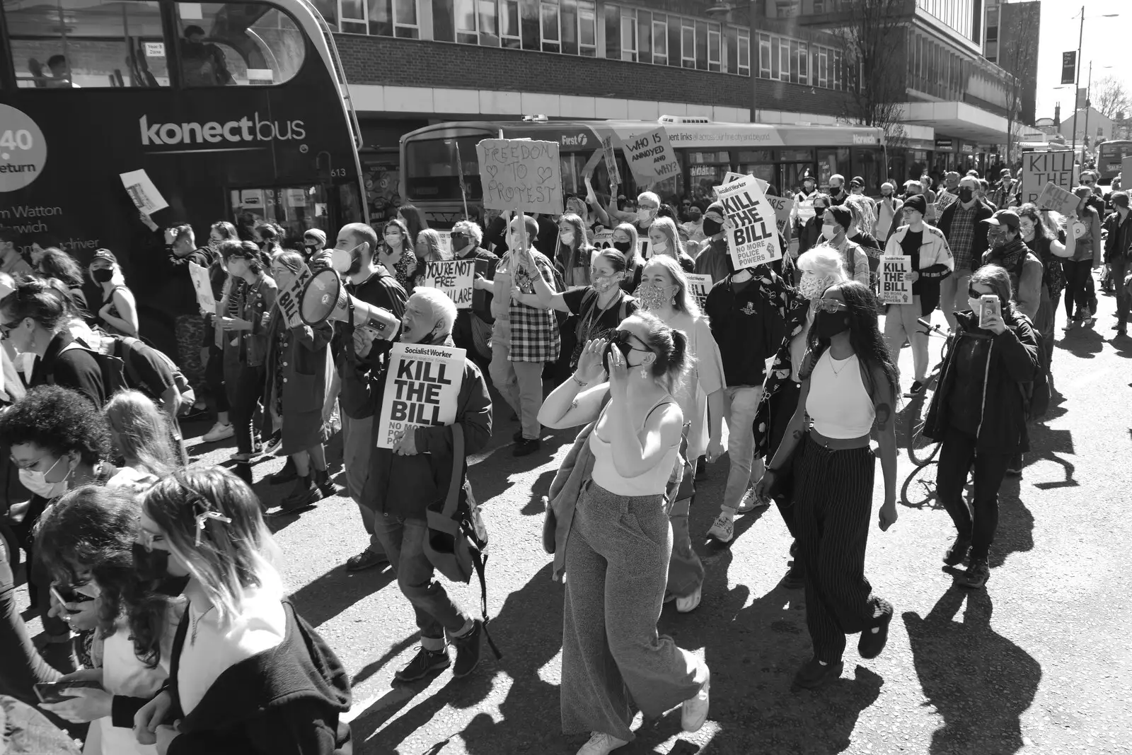 The crowds shout about the fascist police, from The Death of Debenhams, Rampant Horse Street, Norwich, Norfolk - 17th April 2021