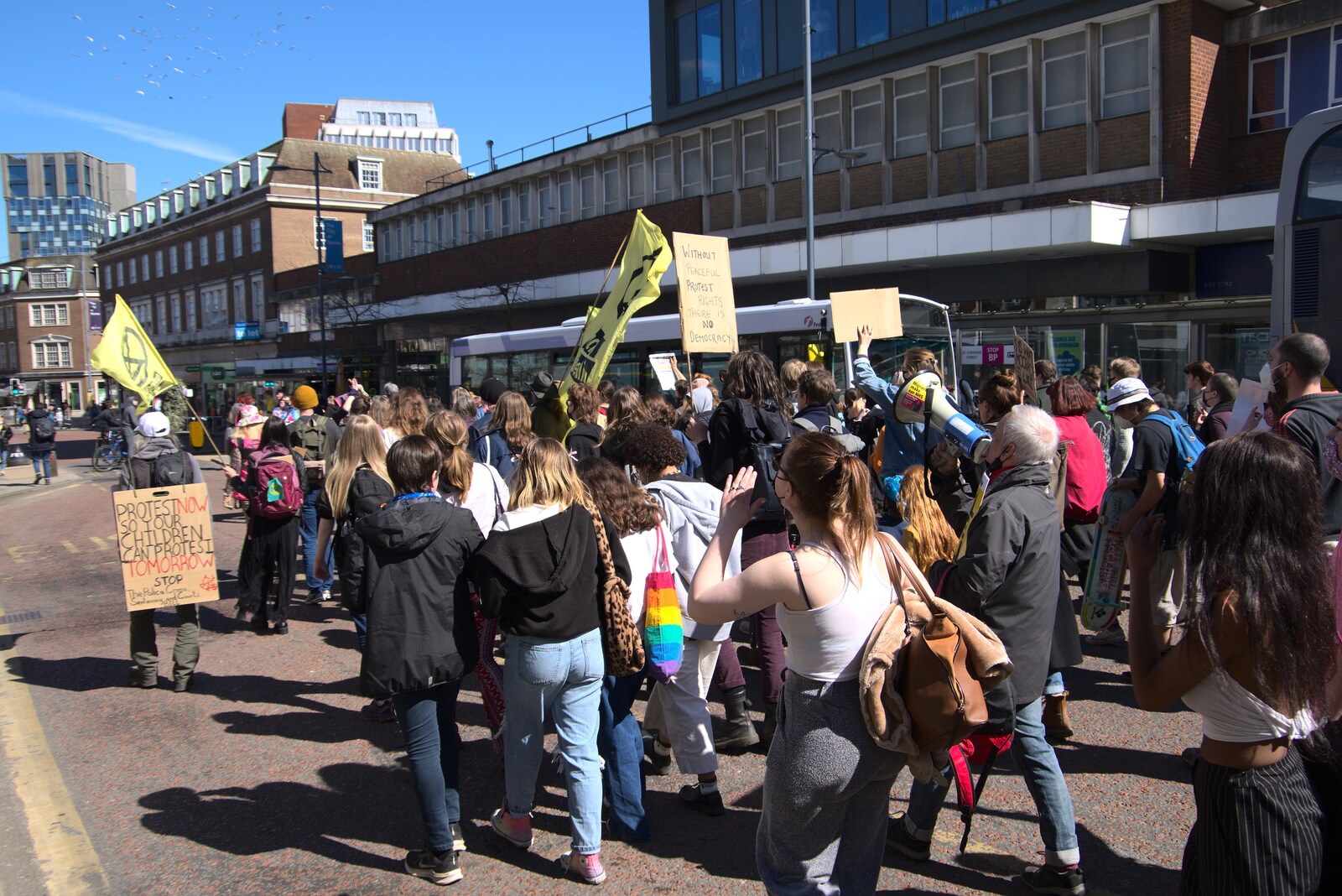 The demo moves along St. Stephen's from The Death of Debenhams, Rampant Horse Street, Norwich, Norfolk - 17th April 2021