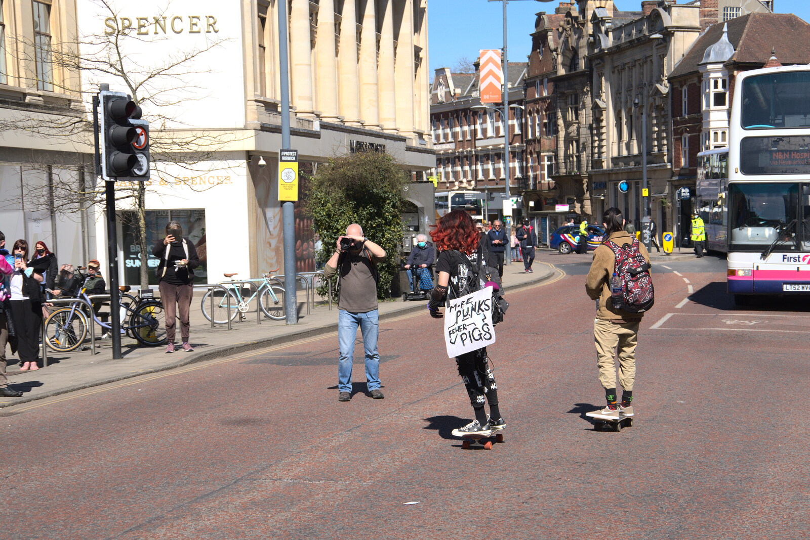 More punks, fewer pigs, on a skateboard from The Death of Debenhams, Rampant Horse Street, Norwich, Norfolk - 17th April 2021