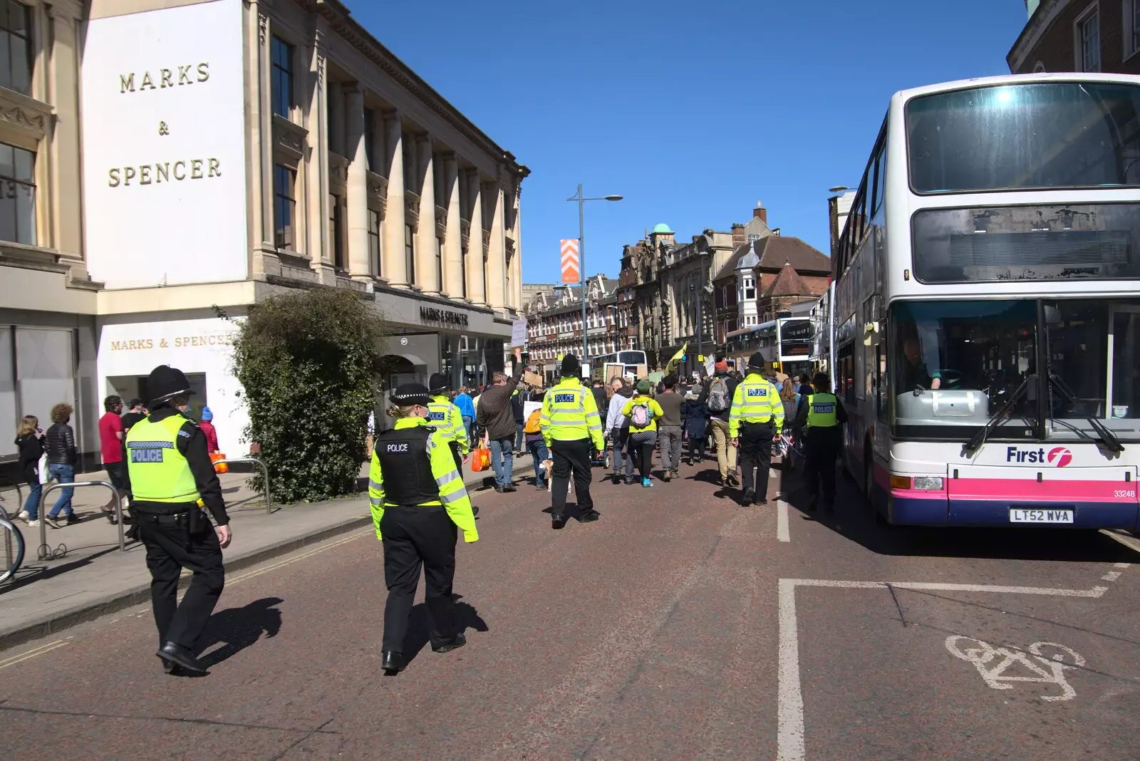 The police follow the tail of the demo, from The Death of Debenhams, Rampant Horse Street, Norwich, Norfolk - 17th April 2021