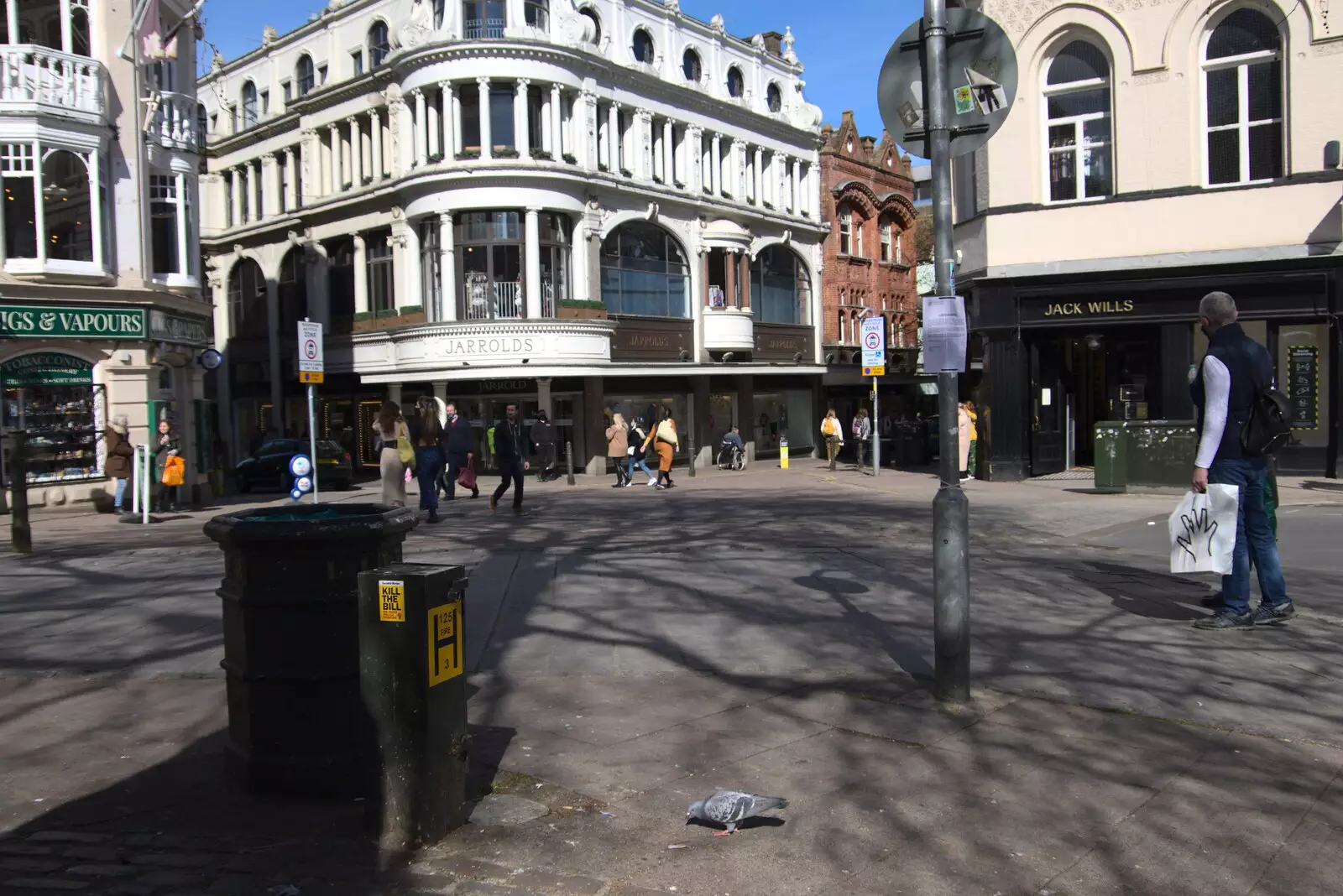 A pigeon pecks the ground on Gaol Hill, from The Death of Debenhams, Rampant Horse Street, Norwich, Norfolk - 17th April 2021