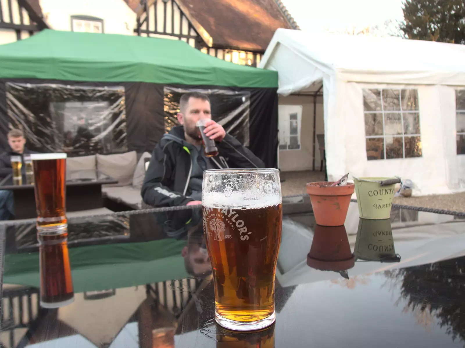 Nosher's beer, and Phil has a slurp, from BSCC Beer Garden Hypothermia, Hoxne and Brome, Suffolk - 22nd April 2021