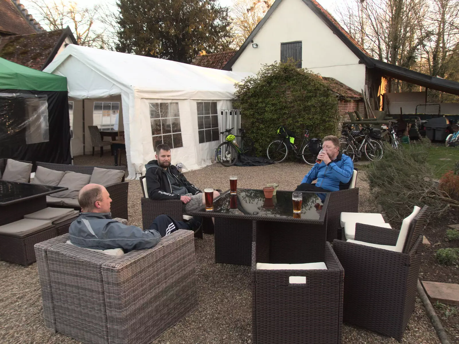 Paul, Phil and Gaz in the Swan beer garden, from BSCC Beer Garden Hypothermia, Hoxne and Brome, Suffolk - 22nd April 2021