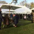 Frazer stands on a table to do a raffle, BSCC Beer Garden Hypothermia, Hoxne and Brome, Suffolk - 22nd April 2021