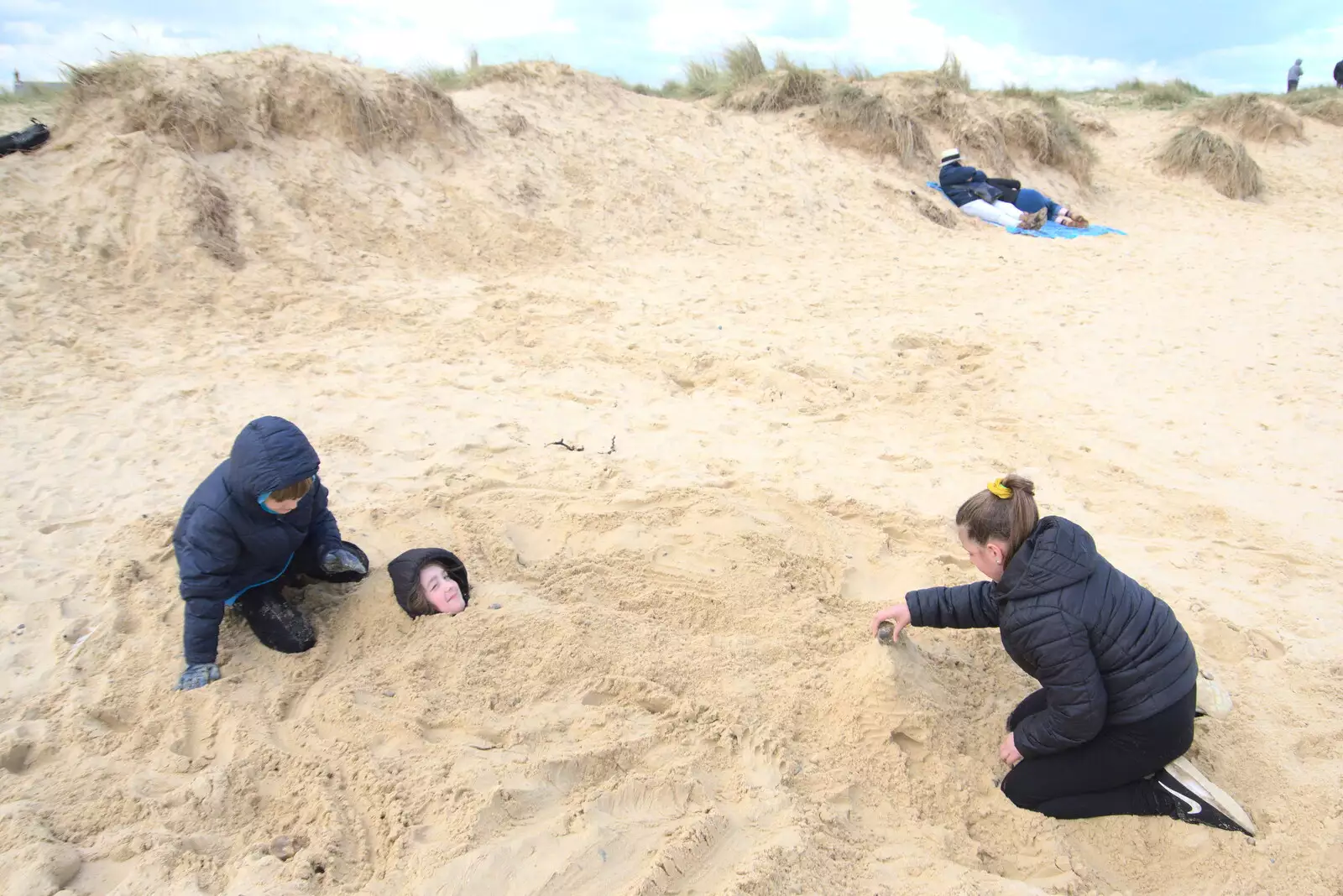 Fred's just a head in the sand, from A Chilly Trip to the Beach, Southwold Harbour, Suffolk - 2nd May 2021