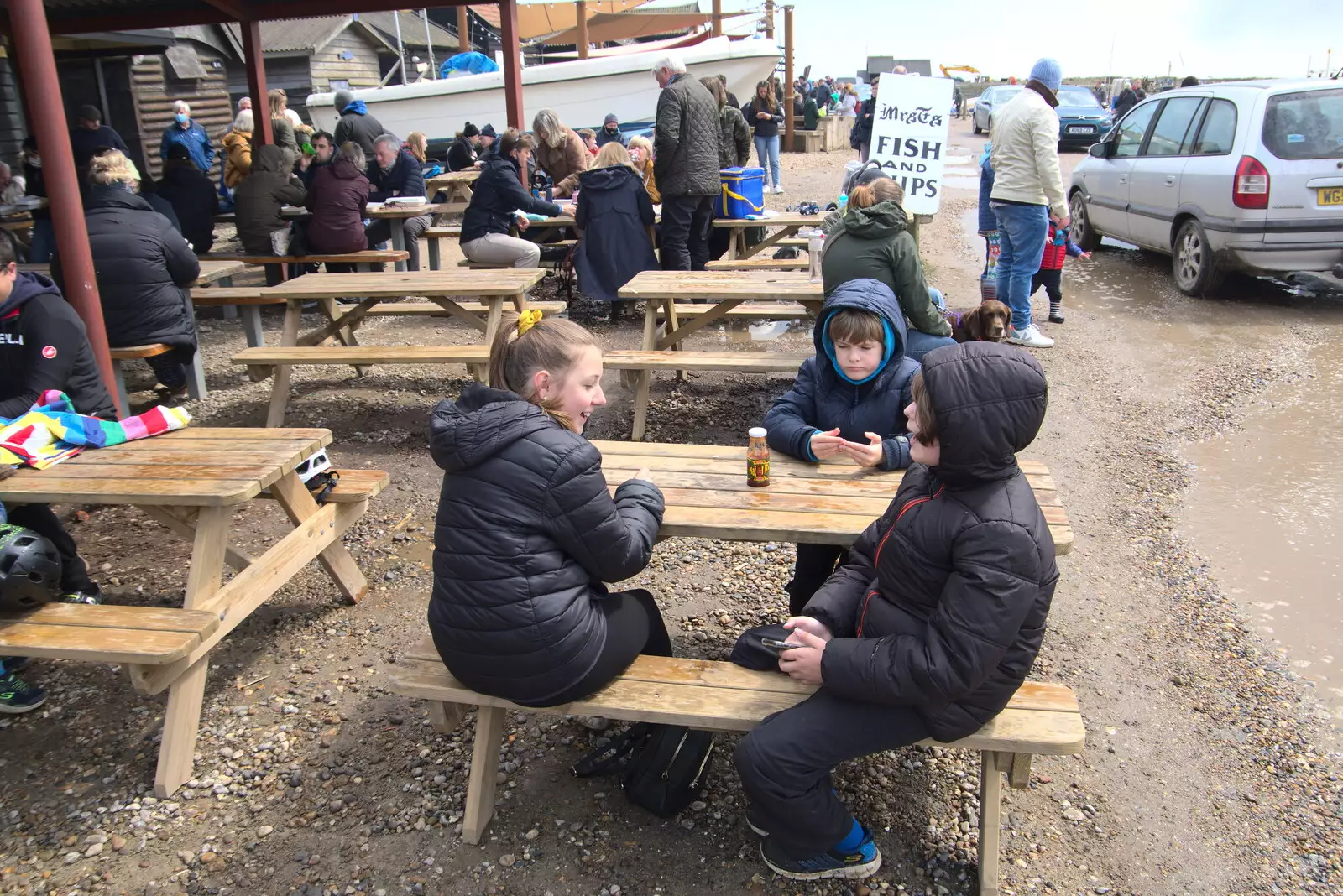 We wait for fish and chips, from A Chilly Trip to the Beach, Southwold Harbour, Suffolk - 2nd May 2021