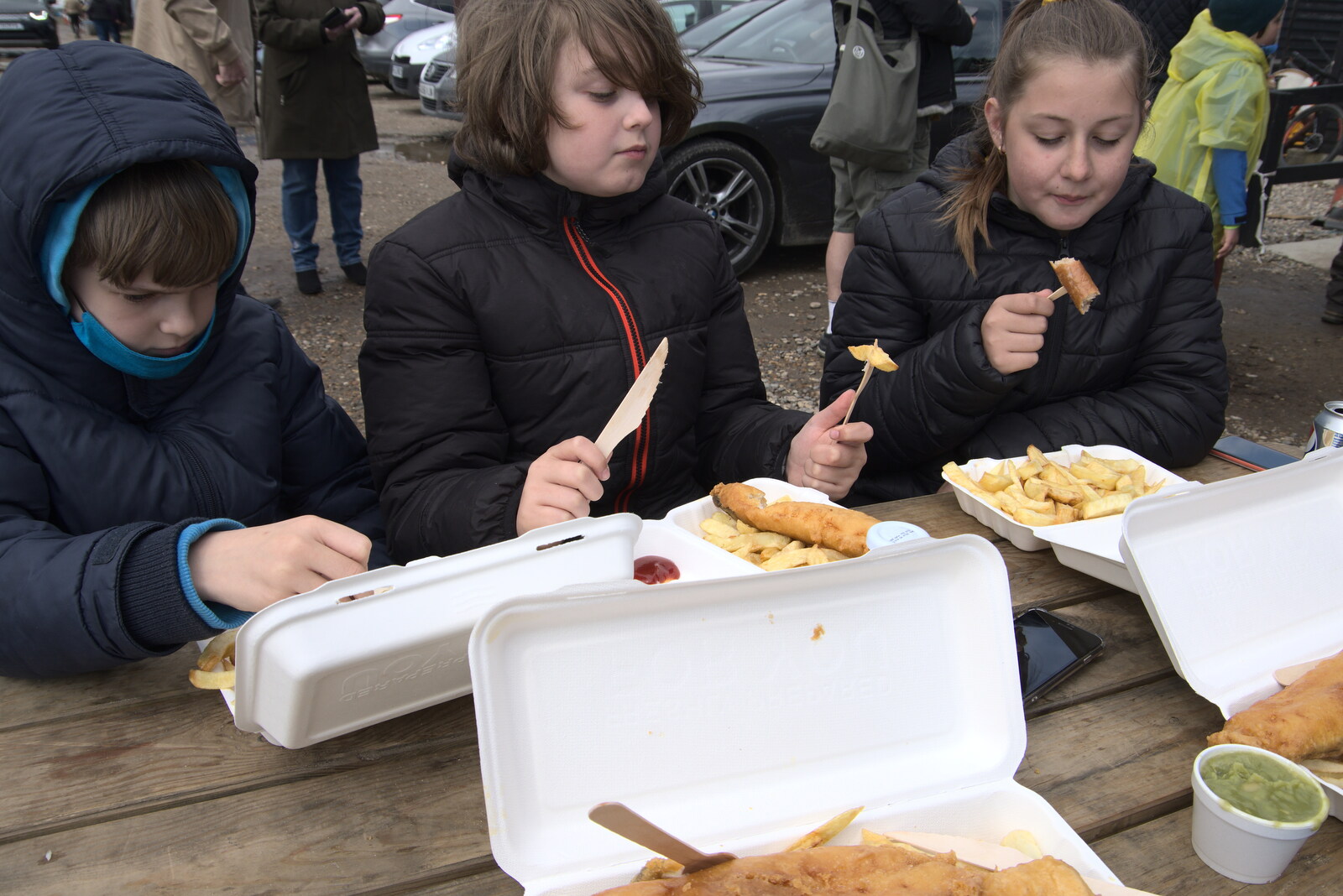 Fish and chips all round from A Chilly Trip to the Beach, Southwold Harbour, Suffolk - 2nd May 2021