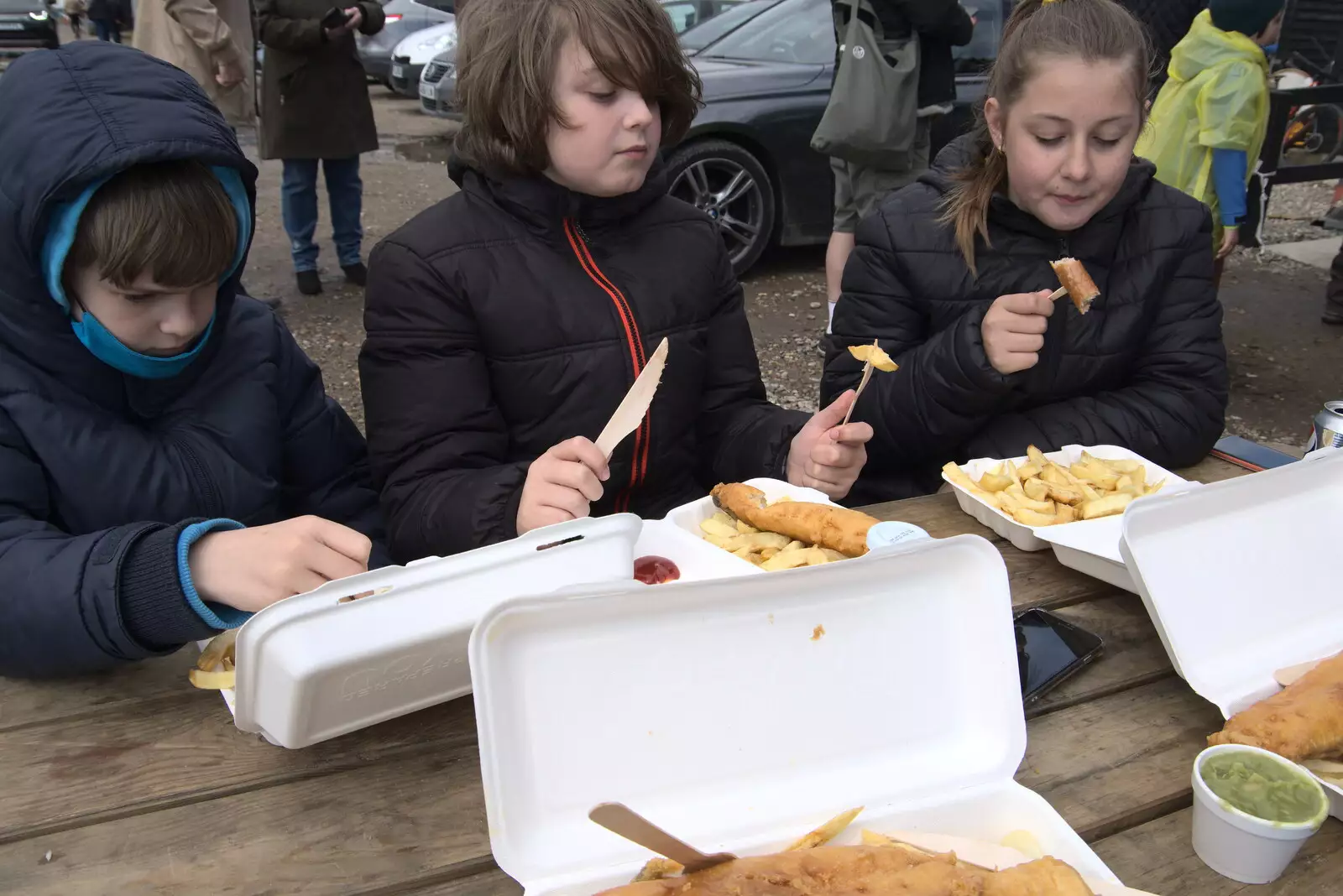 Fish and chips all round, from A Chilly Trip to the Beach, Southwold Harbour, Suffolk - 2nd May 2021