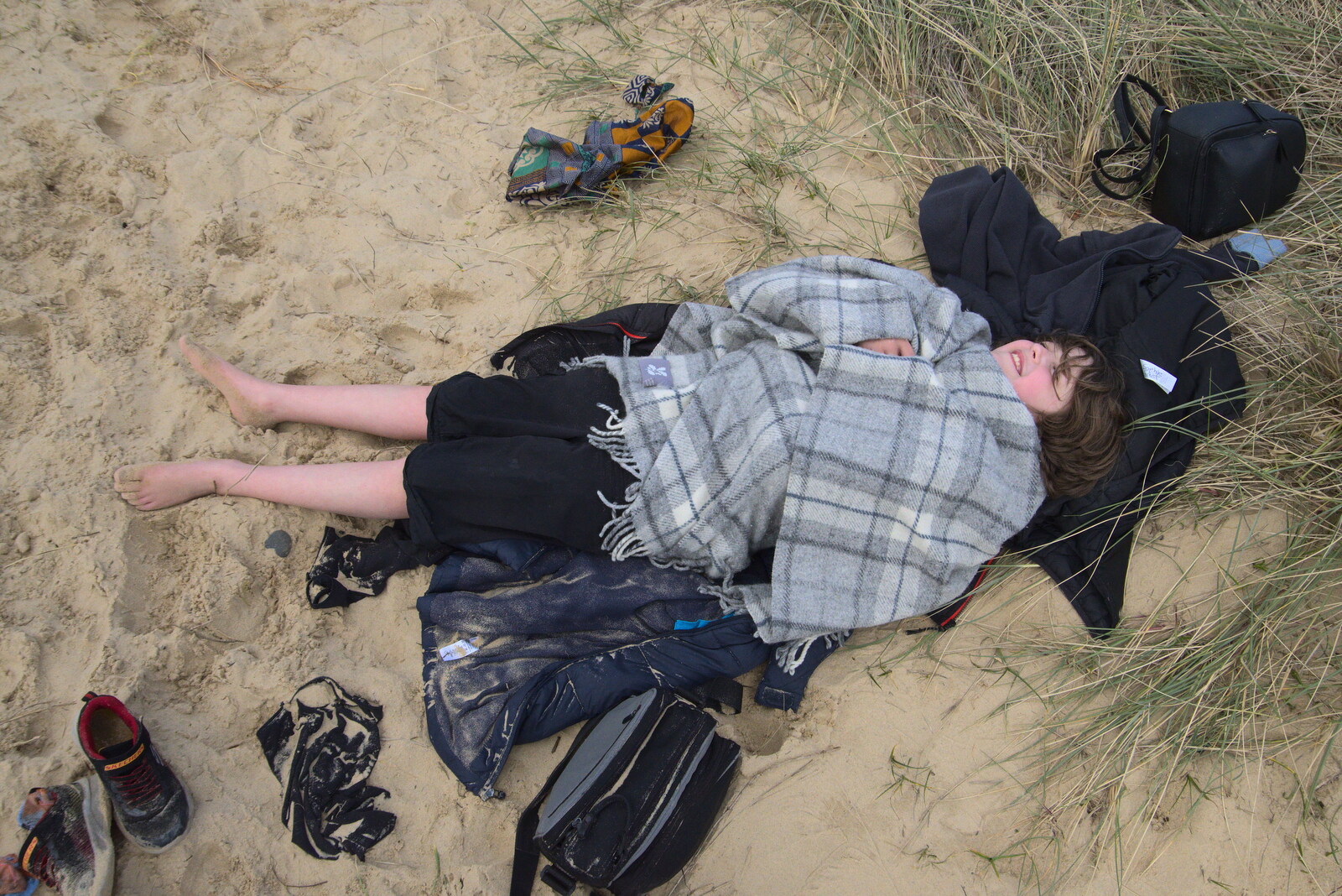 Fred tries to get warm from A Chilly Trip to the Beach, Southwold Harbour, Suffolk - 2nd May 2021