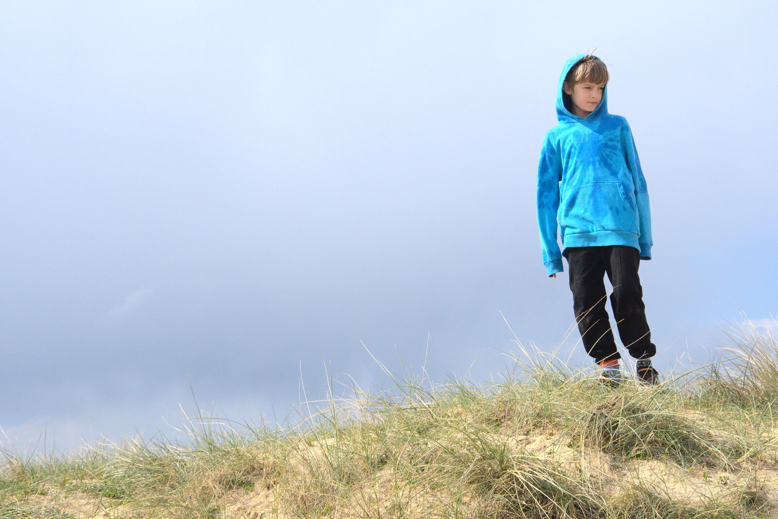 Harry stands on the dunes from A Chilly Trip to the Beach, Southwold Harbour, Suffolk - 2nd May 2021