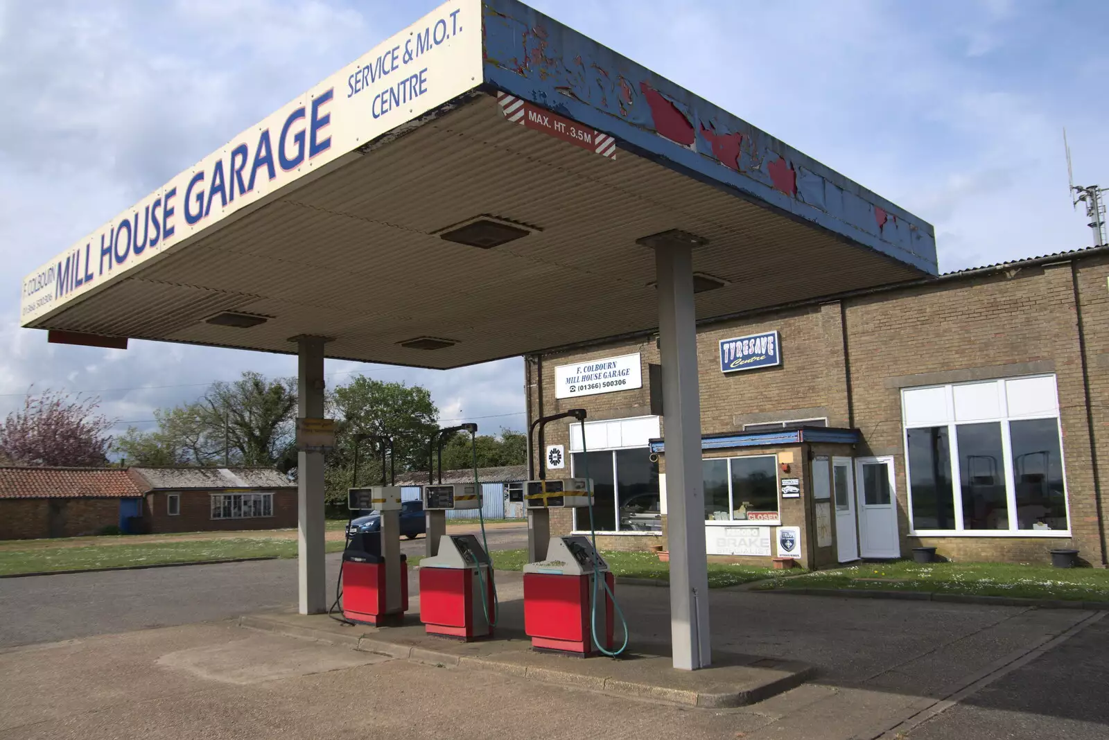 The derelict Mill House garage, from A Vaccination Afternoon, Swaffham, Norfolk - 9th May 2021