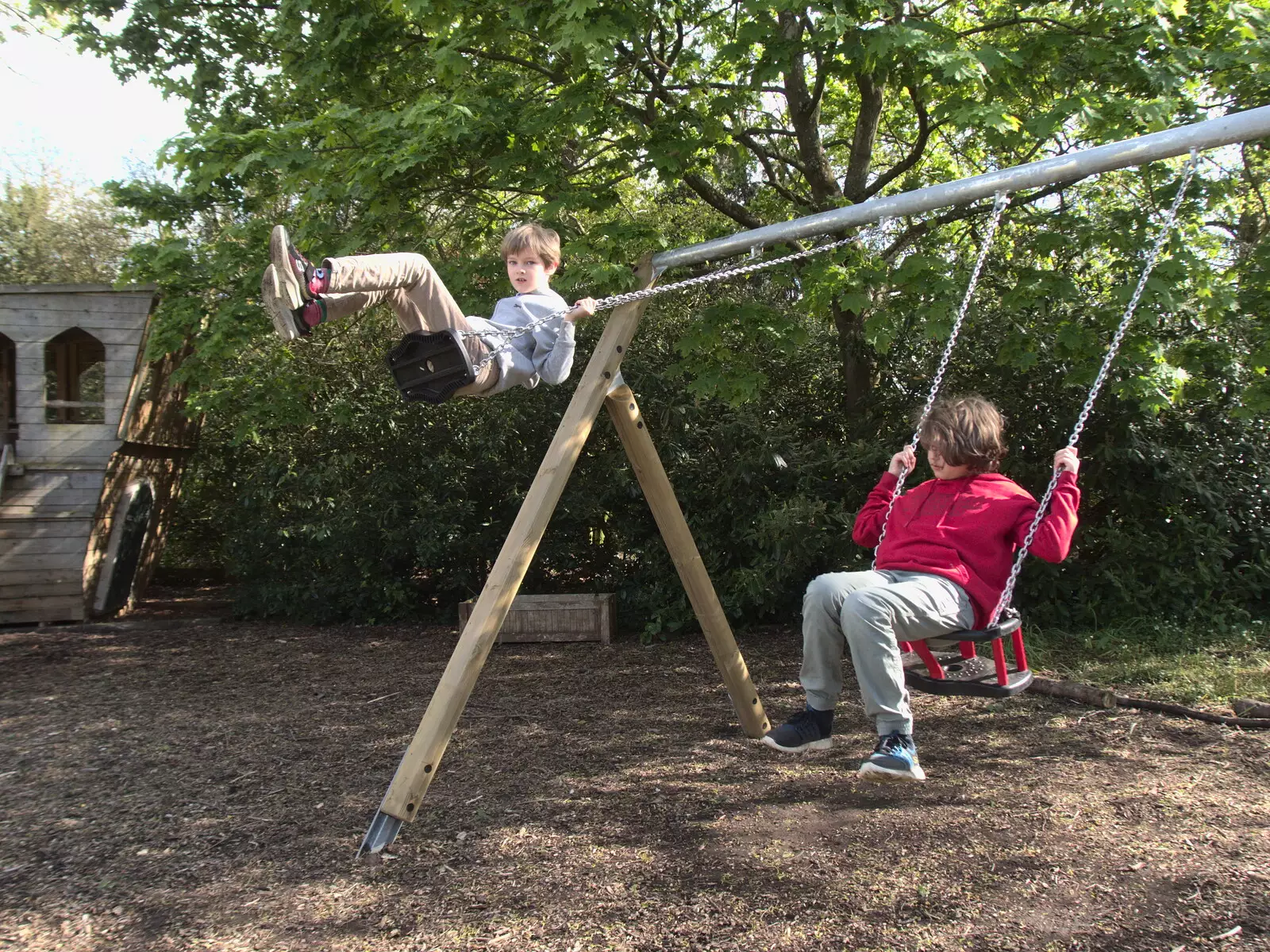 Fred and Harry do the new swings at the Oaksmere, from The BSCC at the Ampersand Tap, Sawmills Road, Diss, Norfolk - 20th May 2021