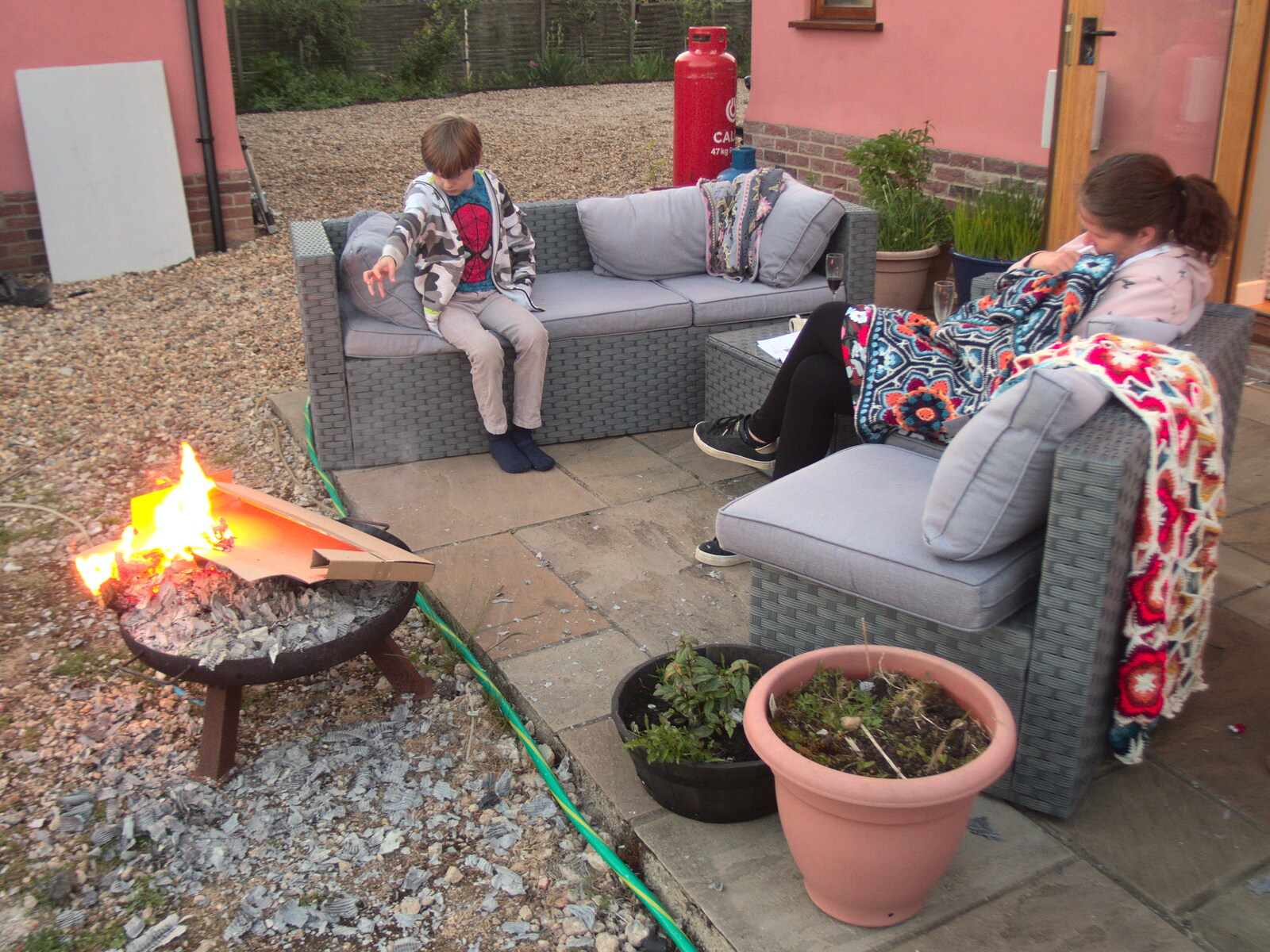 Harry controls fire with his willpower from Garden Centres, and Hamish Visits, Brome, Suffolk - 28th May 2021