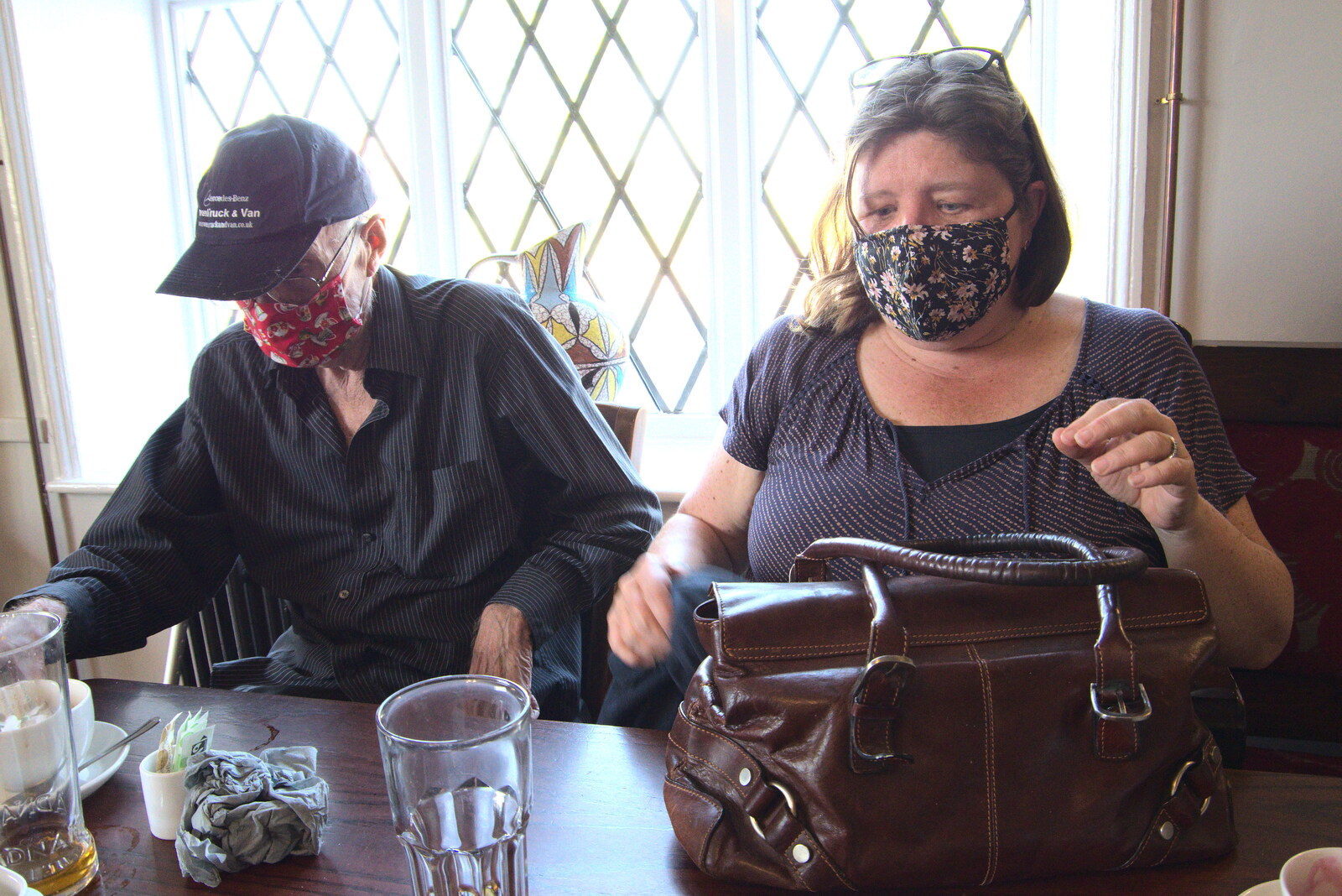 Grandad and Sis get masks on from A Day at the Beach with Sis, Southwold, Suffolk - 31st May 2021