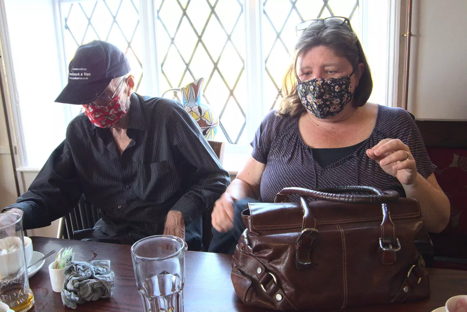 Grandad and Sis get masks on, from A Day at the Beach with Sis, Southwold, Suffolk - 31st May 2021