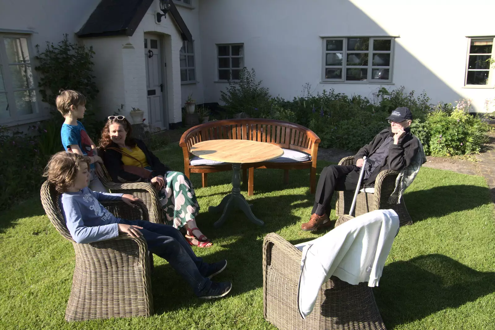 Grandad takes tea in the garden, from A Day at the Beach with Sis, Southwold, Suffolk - 31st May 2021