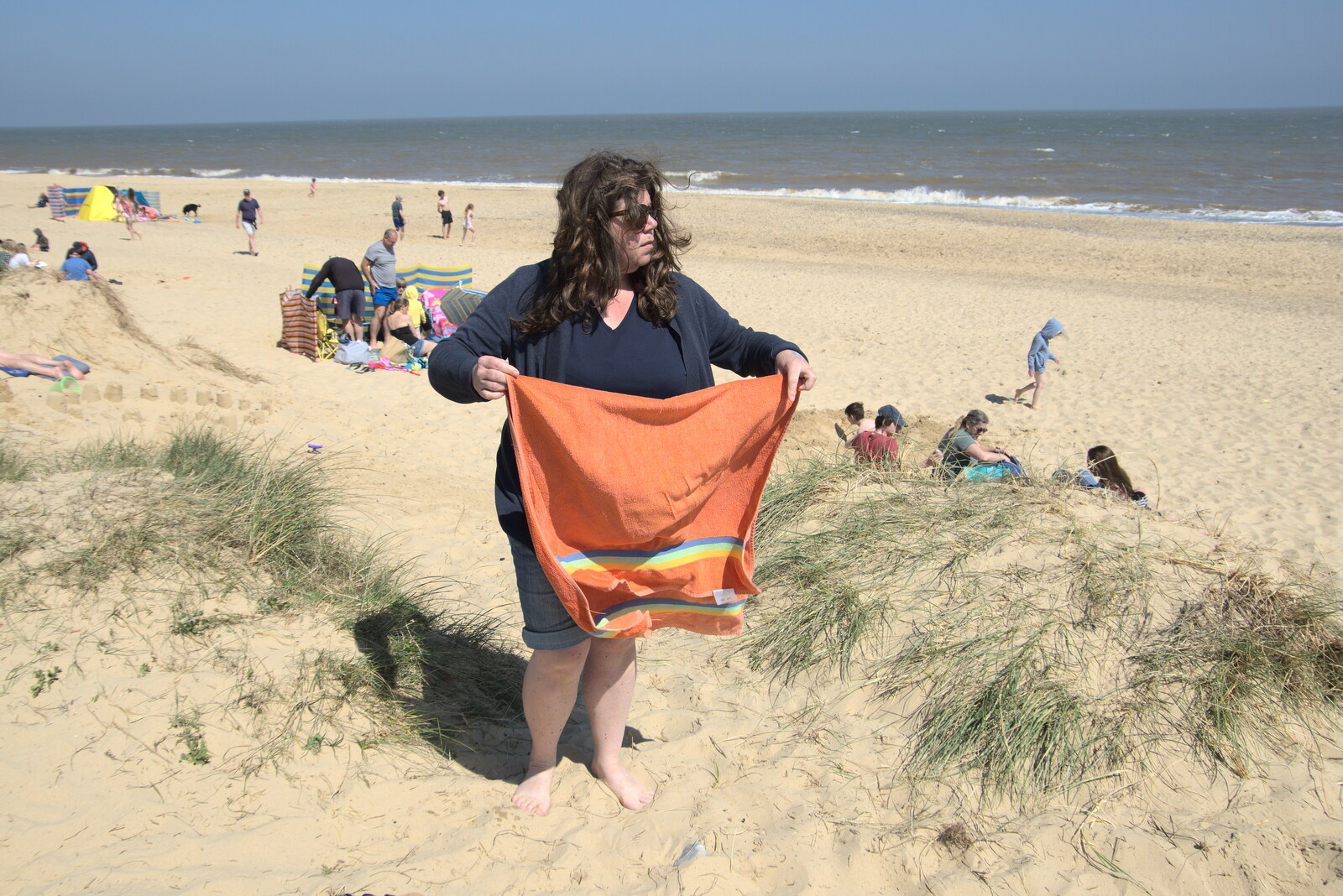Sis shakes a towel out from A Day at the Beach with Sis, Southwold, Suffolk - 31st May 2021