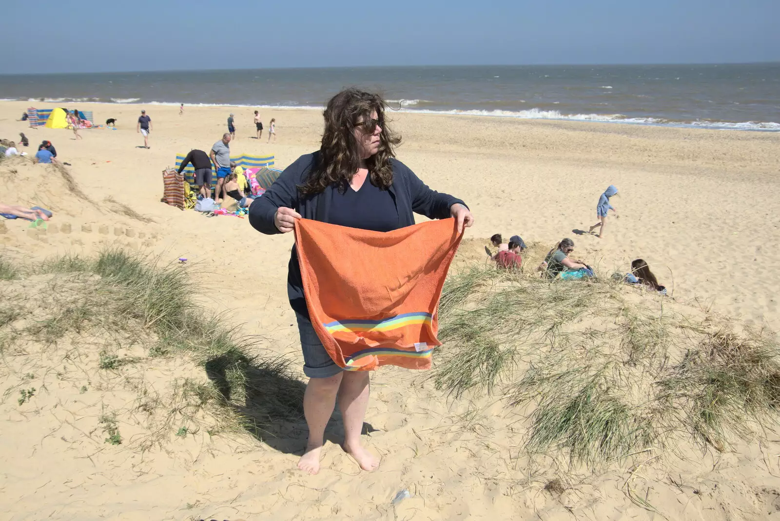 Sis shakes a towel out, from A Day at the Beach with Sis, Southwold, Suffolk - 31st May 2021