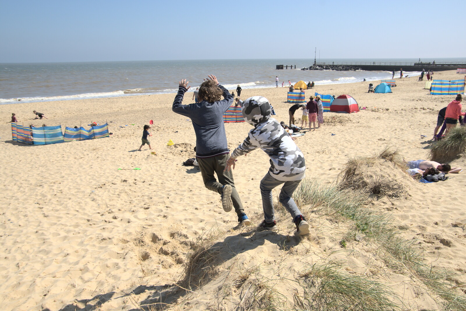 The boys jump off the dunes from A Day at the Beach with Sis, Southwold, Suffolk - 31st May 2021