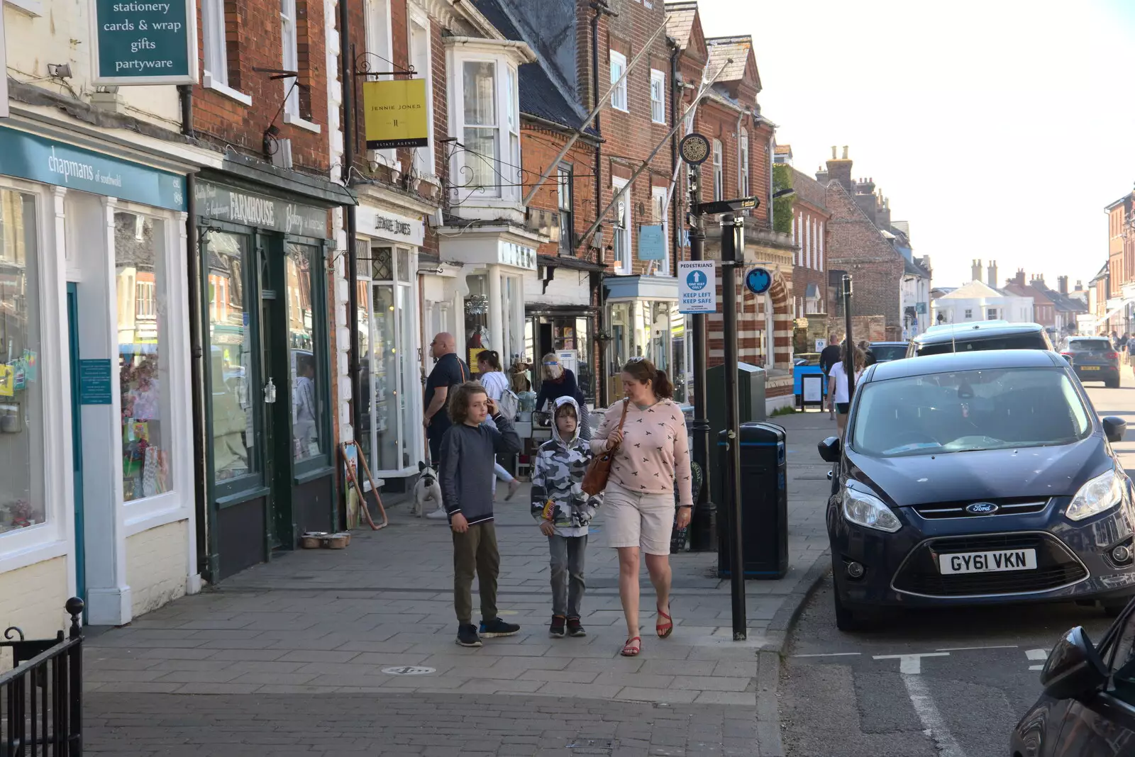 Fred, Harry and Isobel on the High Street, from A Day at the Beach with Sis, Southwold, Suffolk - 31st May 2021