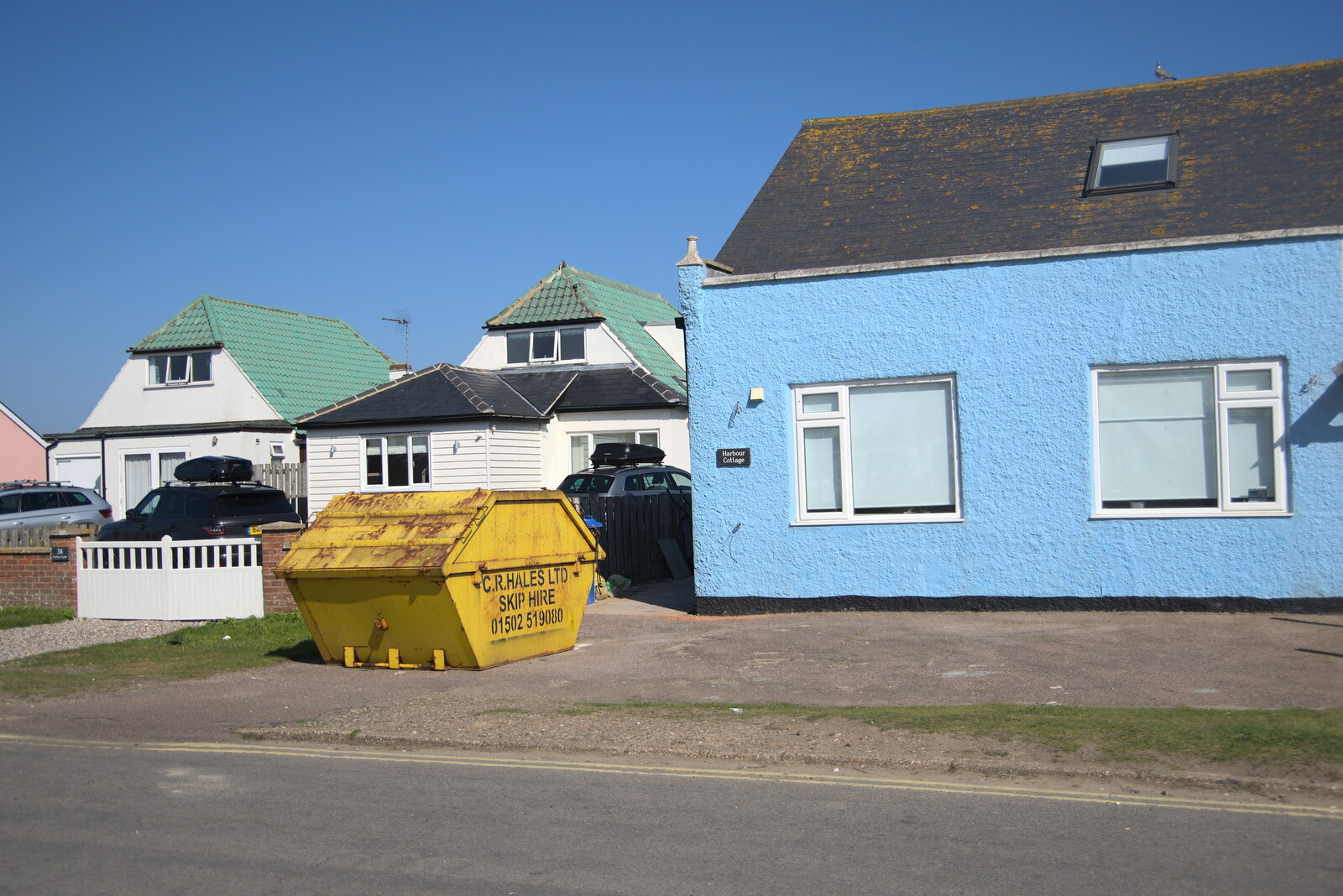 Baby-blue house and a yallow skip from A Day at the Beach with Sis, Southwold, Suffolk - 31st May 2021