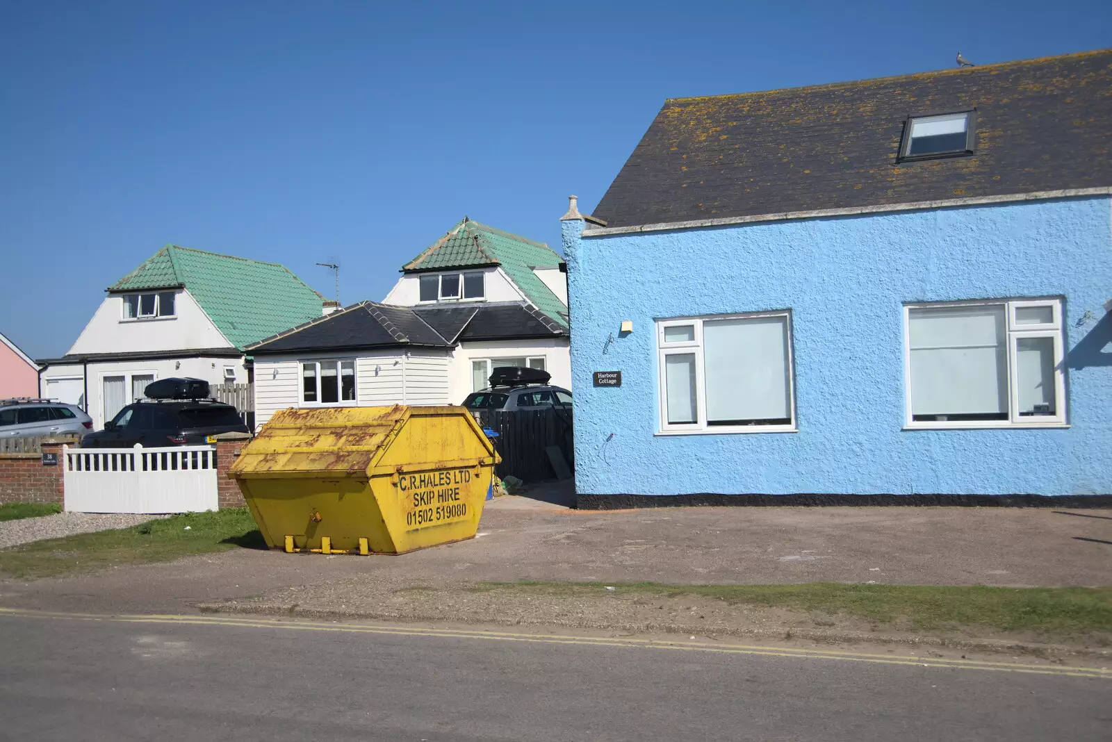 Baby-blue house and a yallow skip, from A Day at the Beach with Sis, Southwold, Suffolk - 31st May 2021