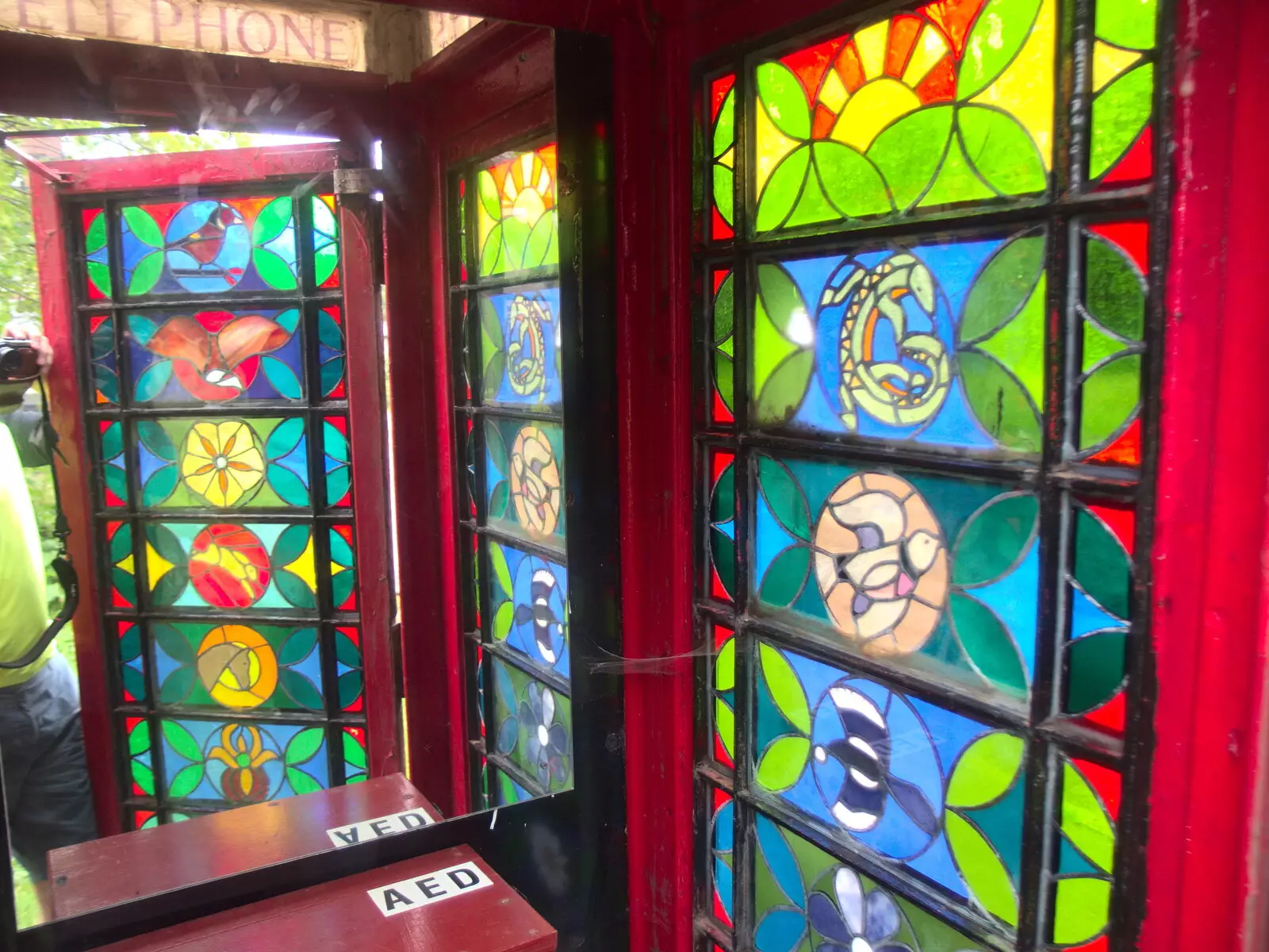 Cool stained glass in the Mellis phonebox, from A BSCC Ride to Pulham Market, Norfolk - 17th June 2021