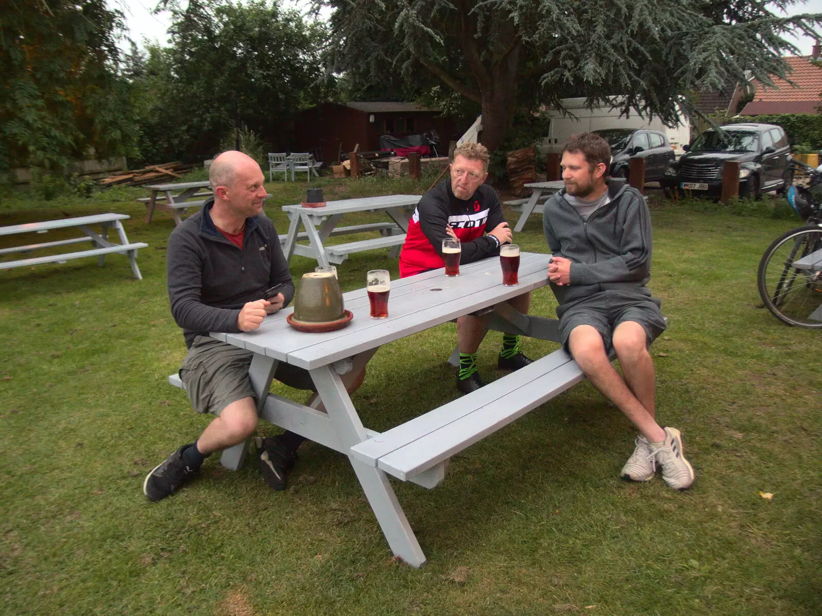 Paul, Gaz and Phil in the beer garden, from A BSCC Ride to Pulham Market, Norfolk - 17th June 2021