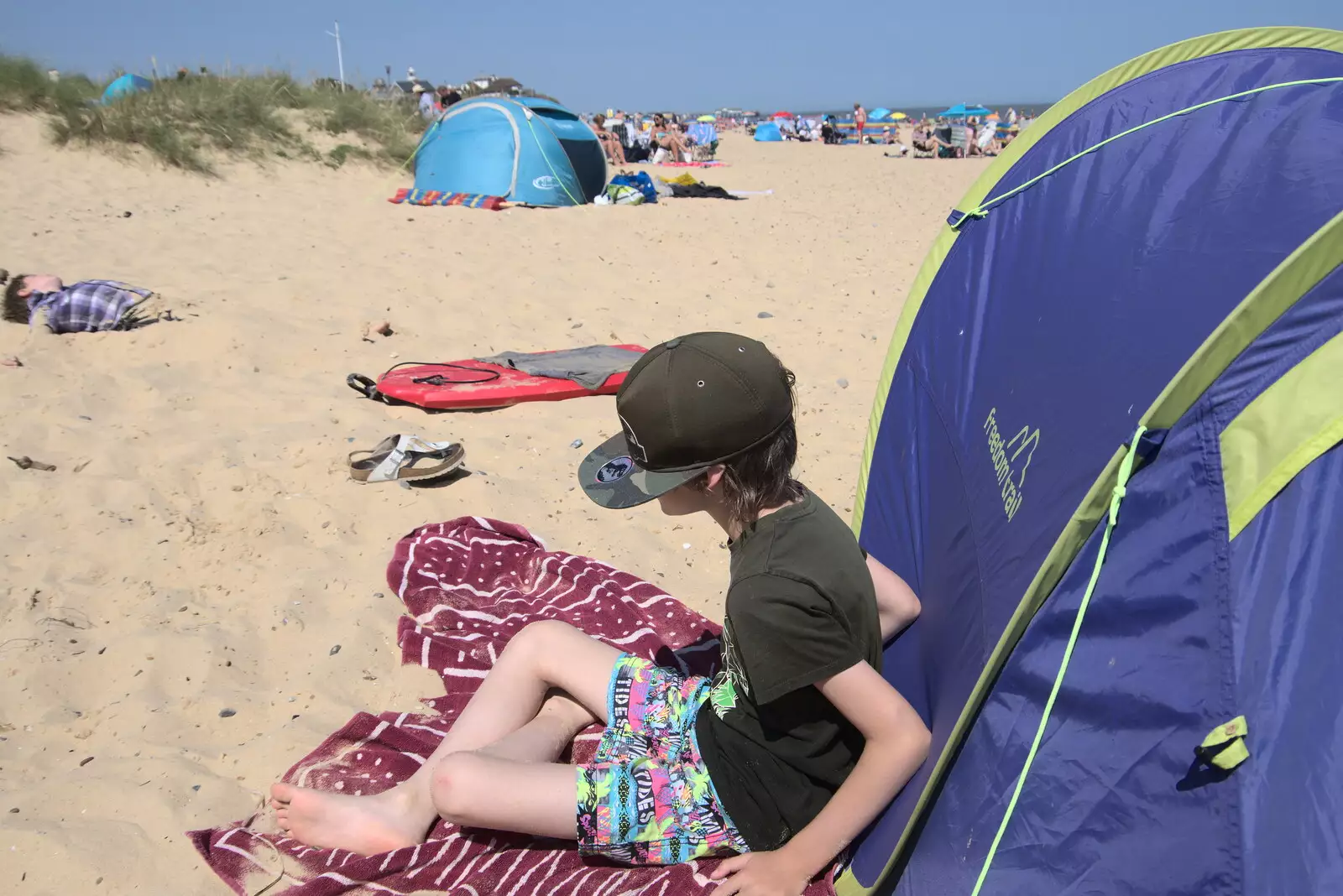 Harry by the pop-up tent, from A Day on the Beach, Southwold, Suffolk - 18th July 2021