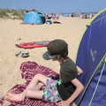 Harry by the pop-up tent, A Day on the Beach, Southwold, Suffolk - 18th July 2021