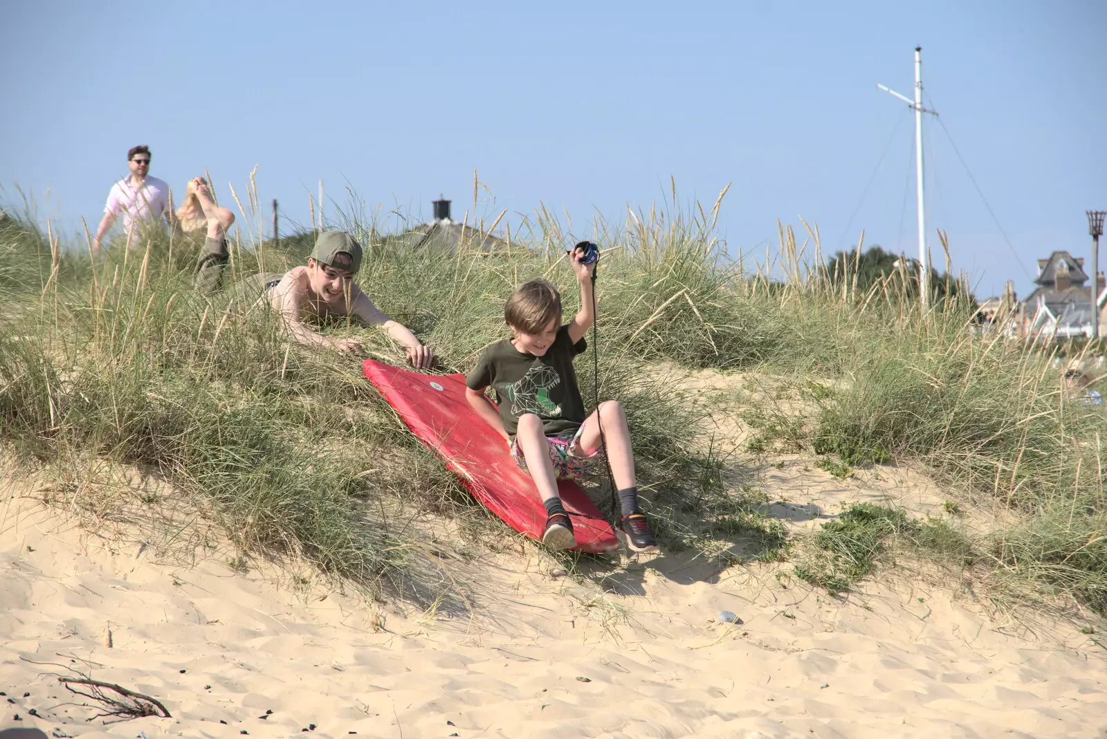 Harry gets a push down the dunes on a body board, from A Day on the Beach, Southwold, Suffolk - 18th July 2021