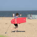 Fred hauls the body board off for a go, A Day on the Beach, Southwold, Suffolk - 18th July 2021