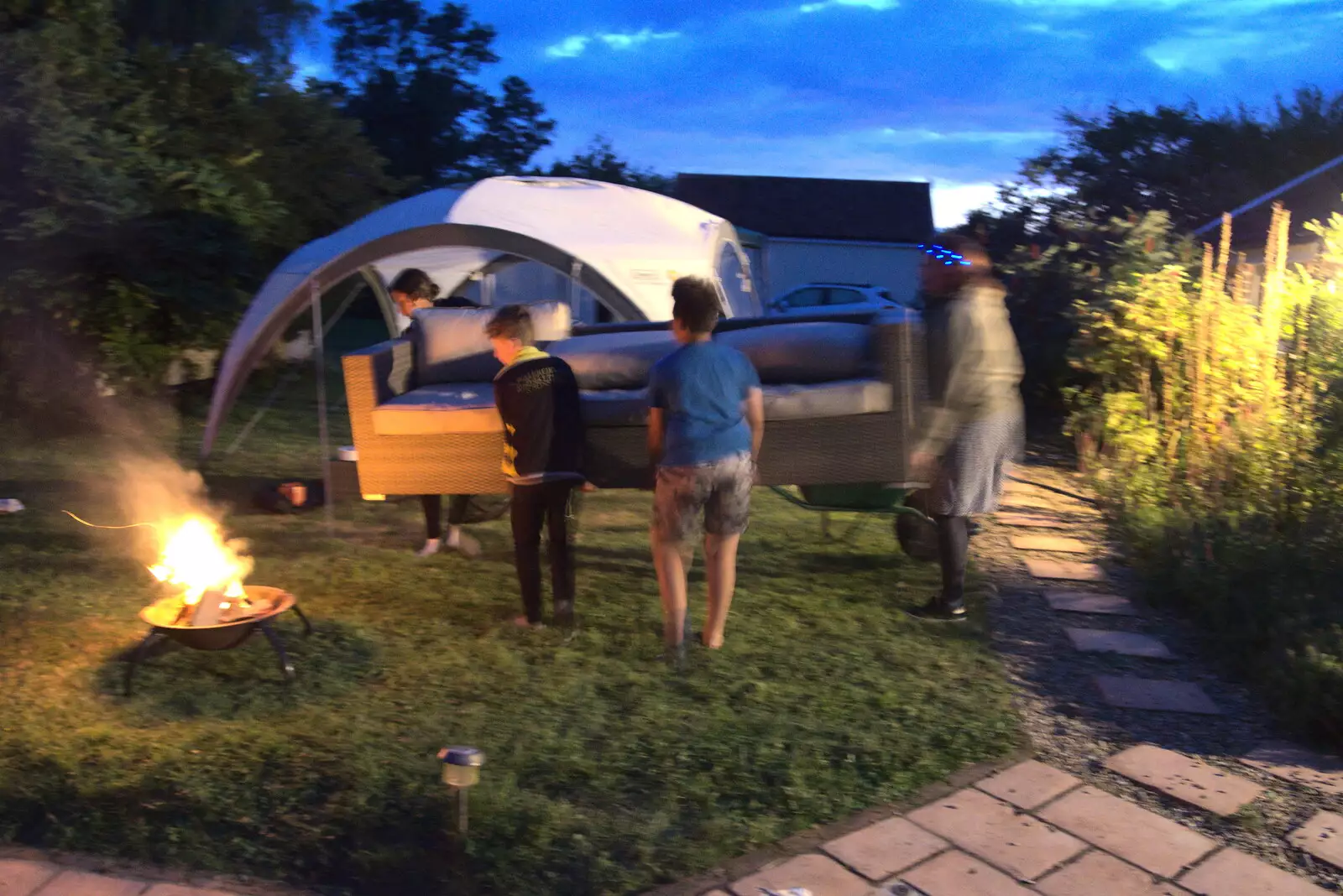A sofa is moved round to the other side of the fire, from Meg-fest, and Sean Visits, Bressingham and Brome, Suffolk - 1st August 2021