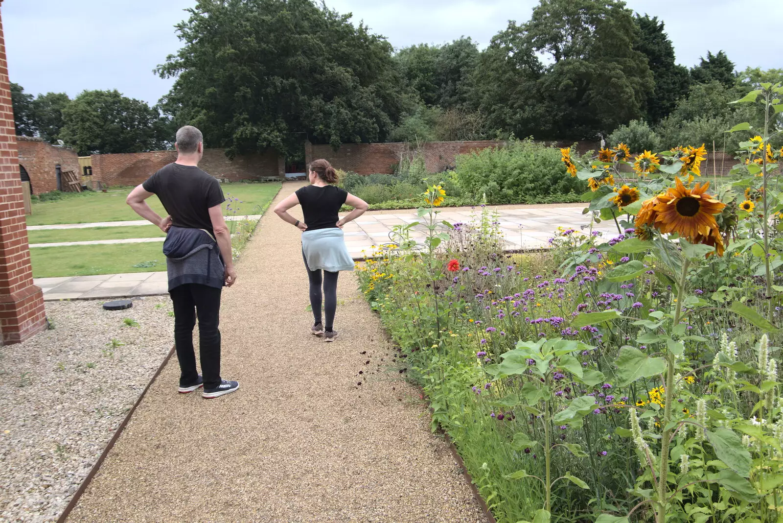 Sean and Isobel look at the walled garden, from Meg-fest, and Sean Visits, Bressingham and Brome, Suffolk - 1st August 2021