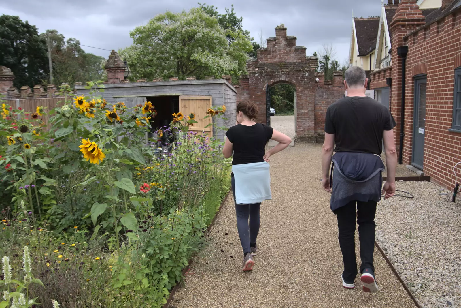 Walking past the sunflower flower bed, from Meg-fest, and Sean Visits, Bressingham and Brome, Suffolk - 1st August 2021