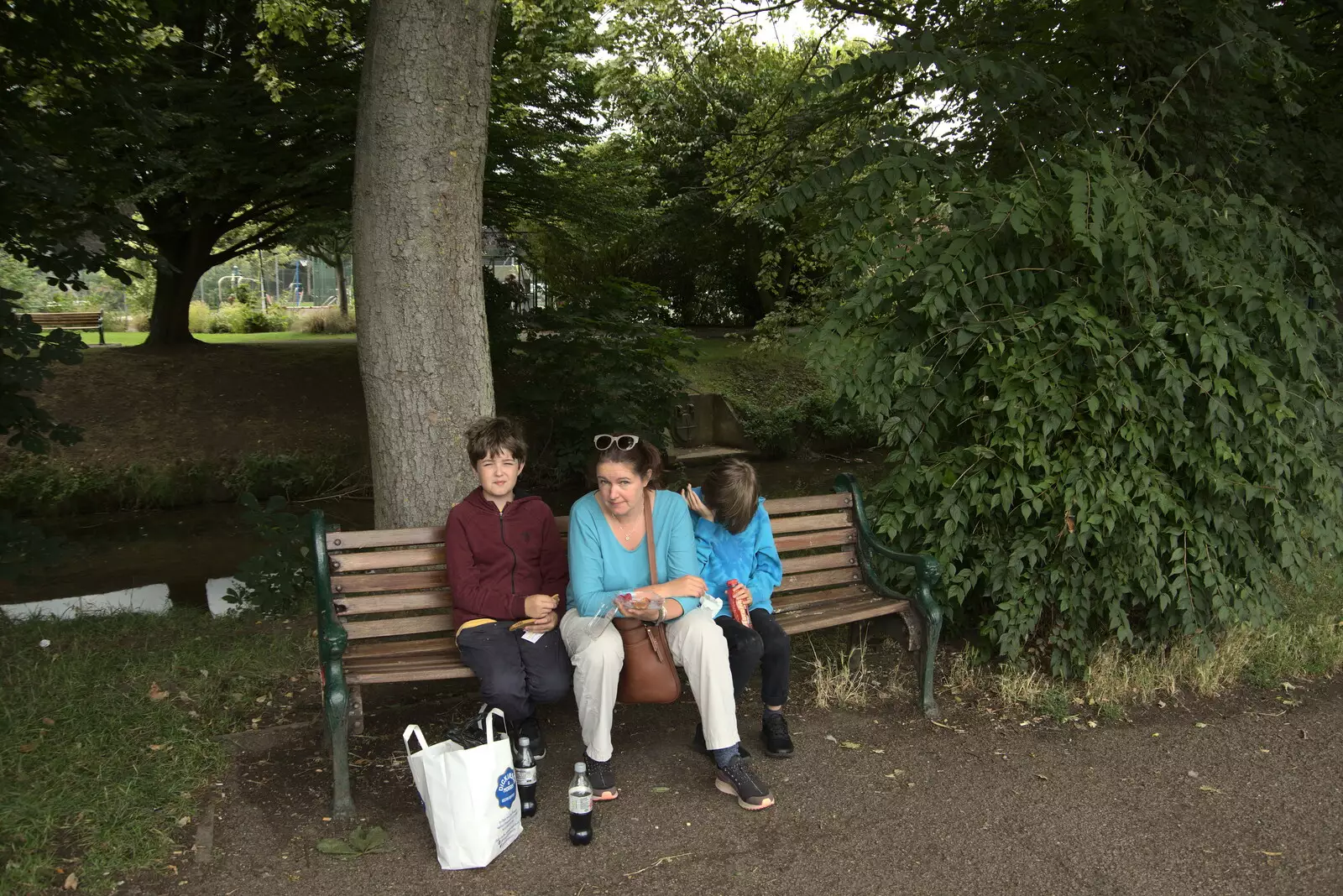 We stop for lunch on a park bench, from Pork Pies and Dockside Dereliction, Melton Mowbray and Liverpool - 7th August 2021