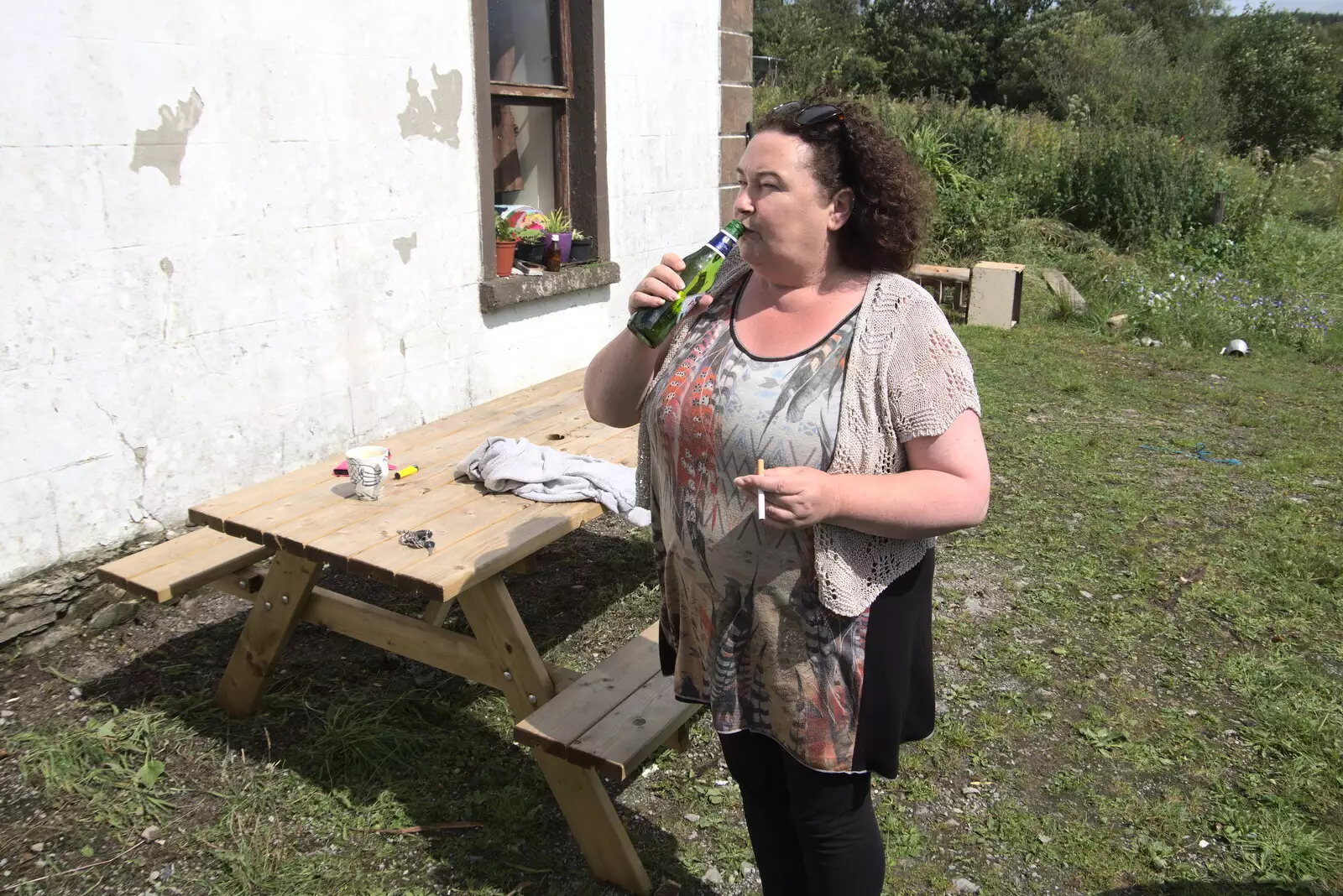 Louise has a beer and a ciggie, from Pints of Guinness and Streedagh Beach, Grange and Sligo, Ireland - 9th August 2021