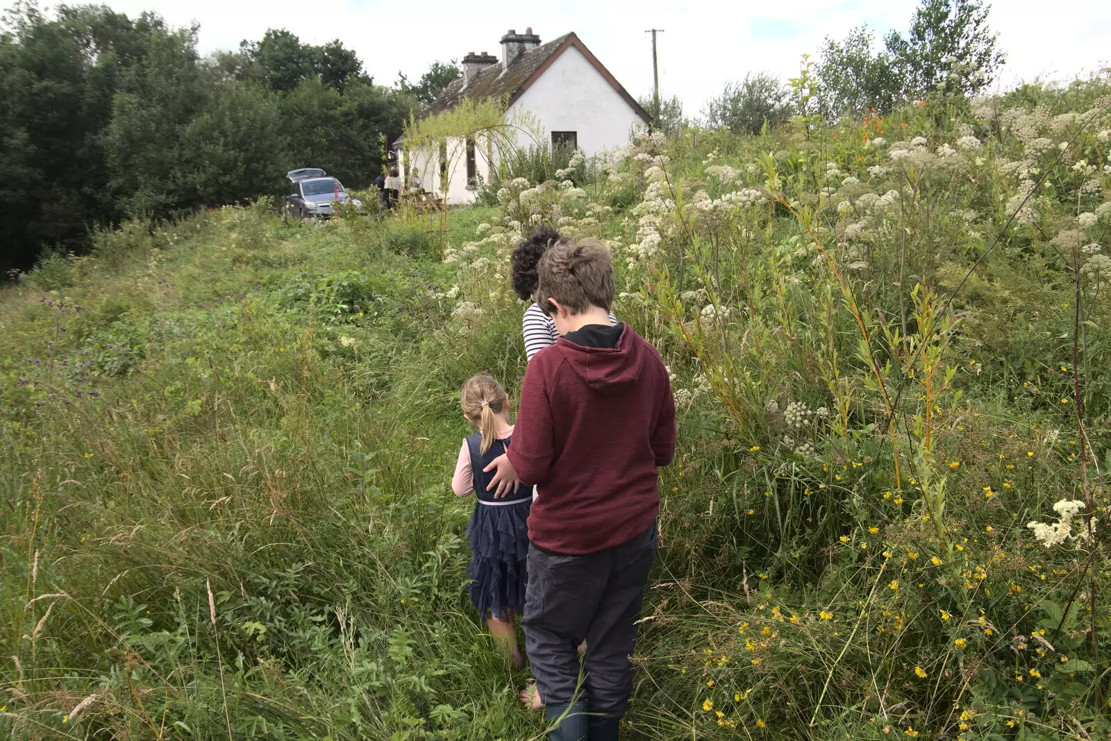 Rachel, Fern and Fred return from the trampoline, from Pints of Guinness and Streedagh Beach, Grange and Sligo, Ireland - 9th August 2021