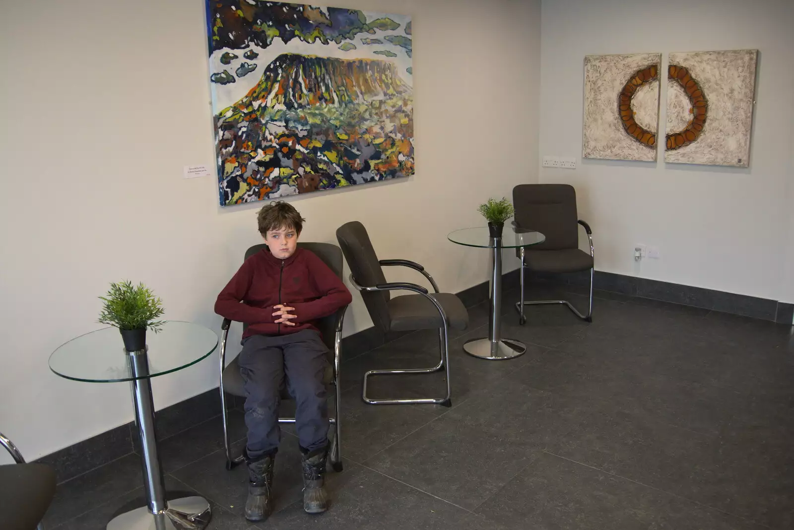 Fred waits in reception at Benbulben Court, from Pints of Guinness and Streedagh Beach, Grange and Sligo, Ireland - 9th August 2021